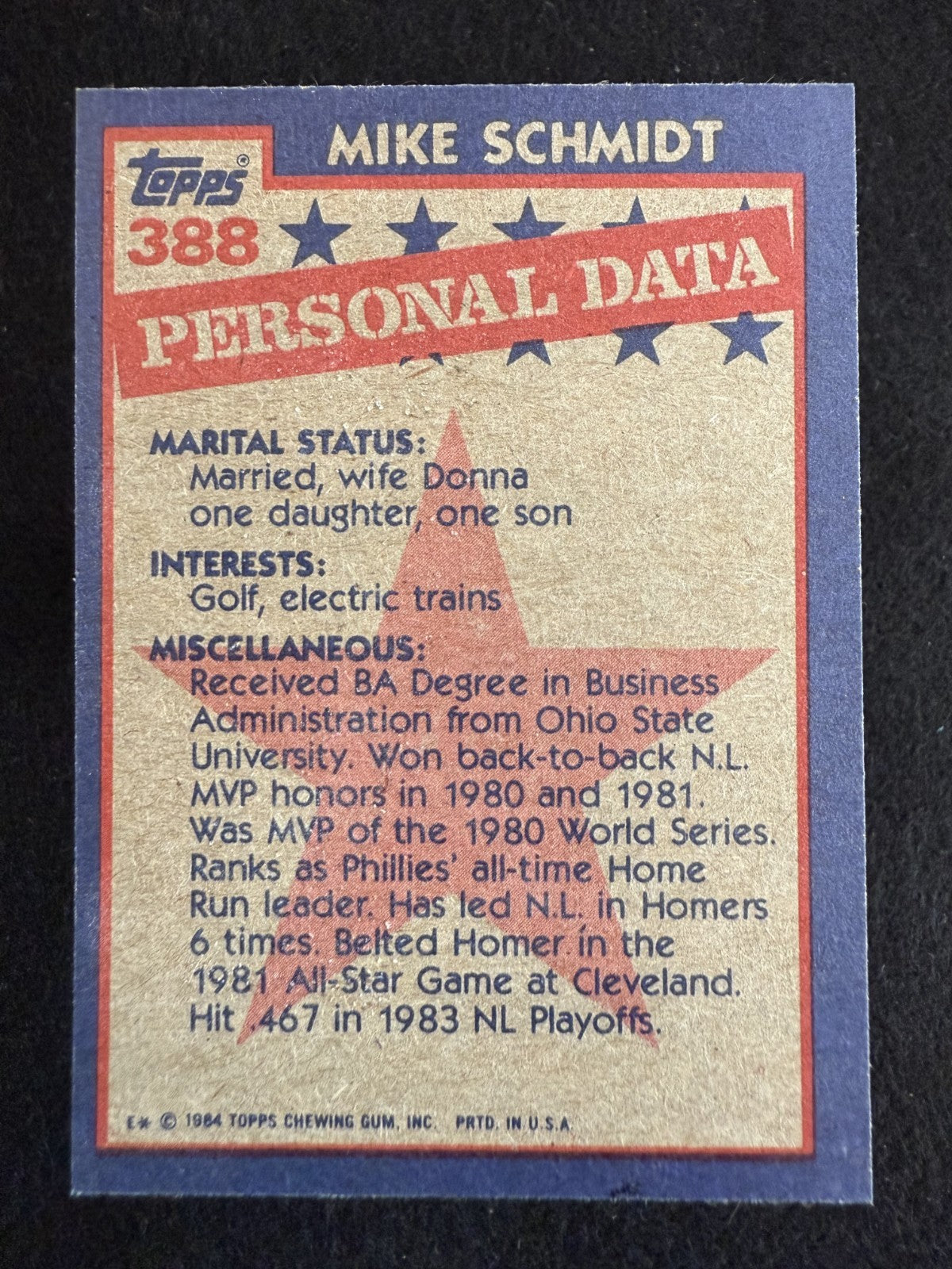 1984 Topps All-Star Mike Schmidt (#388) NM Fresh Pull, HOFer ^GRUMPYBUCK^