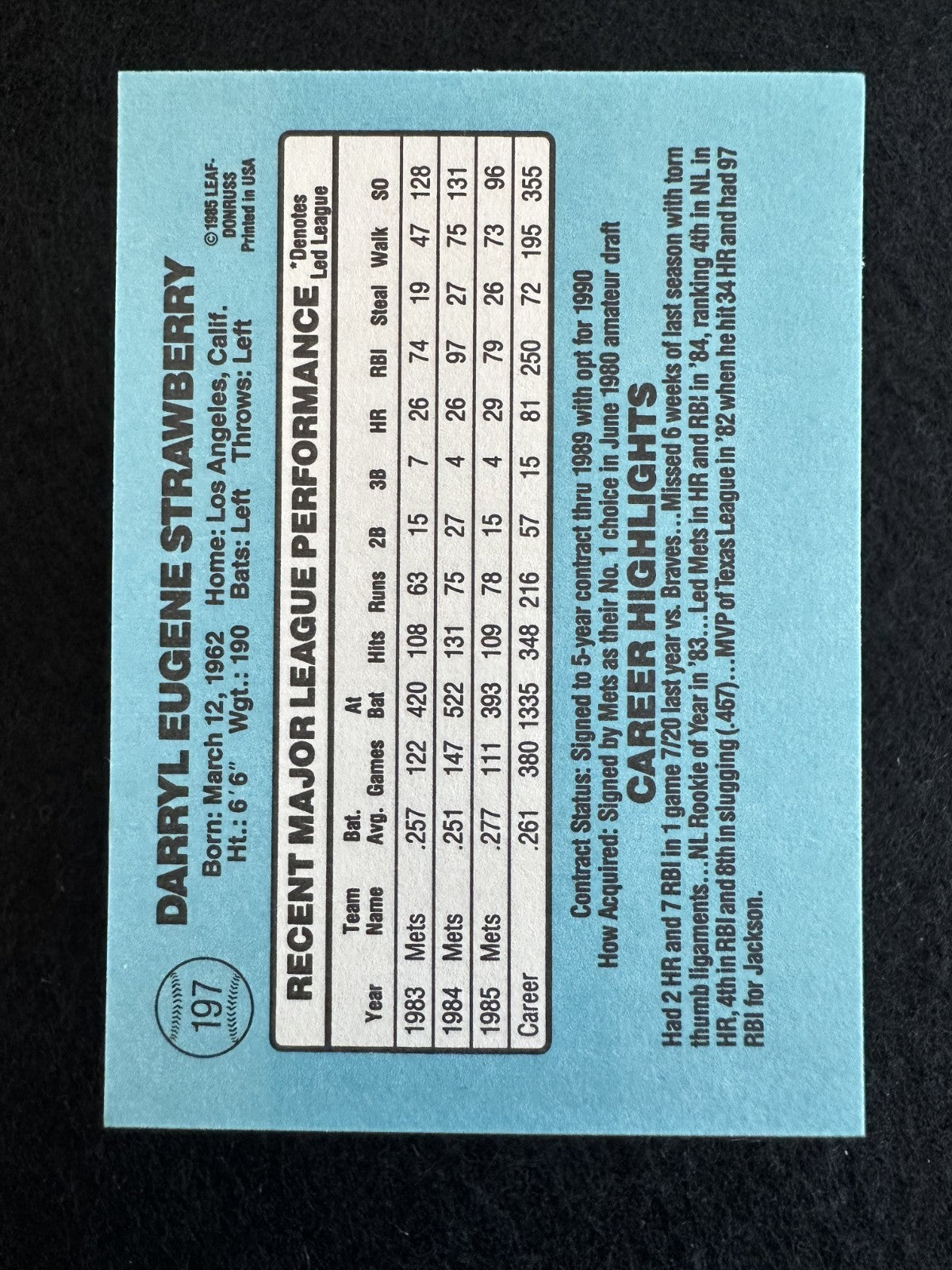 1986 Donruss Darryl Strawberry (#197) NM All-Star OF, Mets Legend ^GRUMPYBUCK^