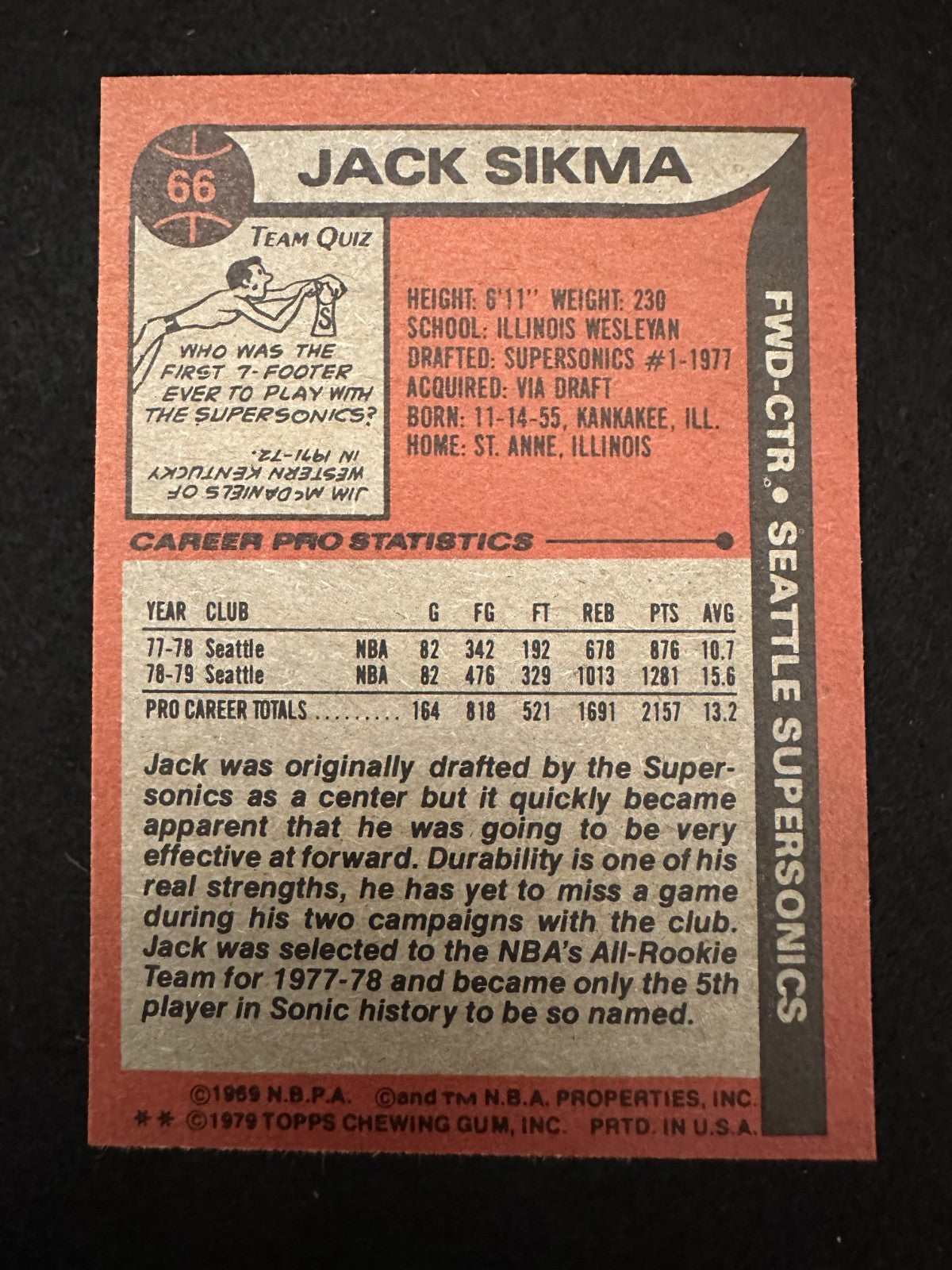 1979-80 Topps Jack Sikma (#66) NM All-Star Center, Sonics Champion ^GRUMPYBUCK^