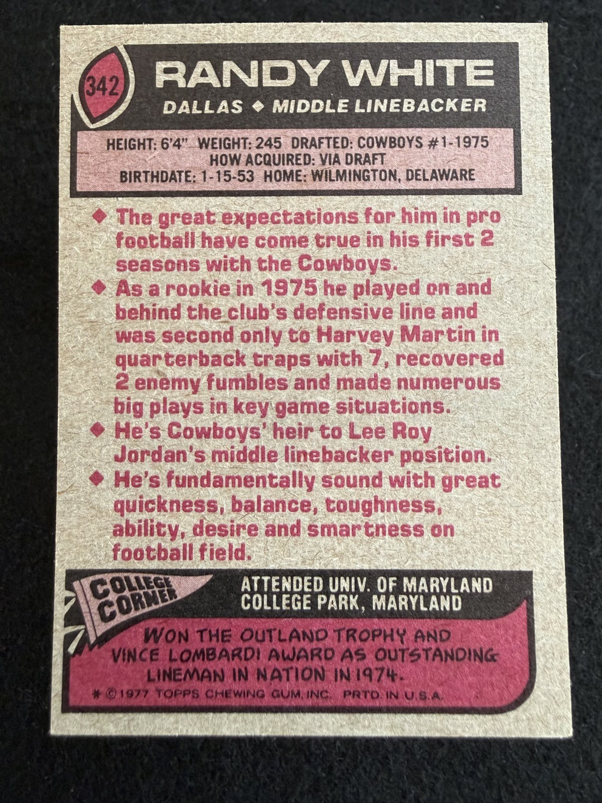 1977 Topps Randy White (#342) EX Centered, Cowboys Great, HOFer ^GRUMPYBUCK^