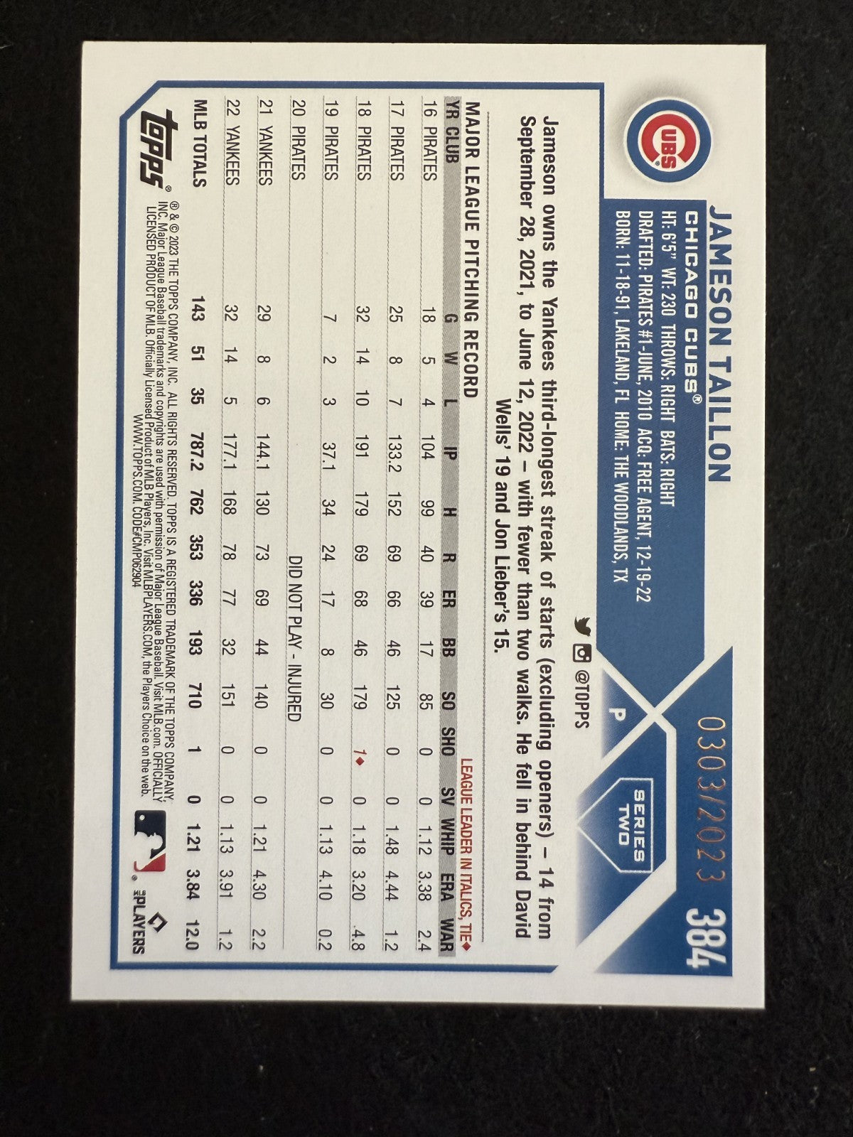 2023 Topps Series 2 Jameson Taillon (#384) MINT Gold /2023 ^GRUMPYBUCK^