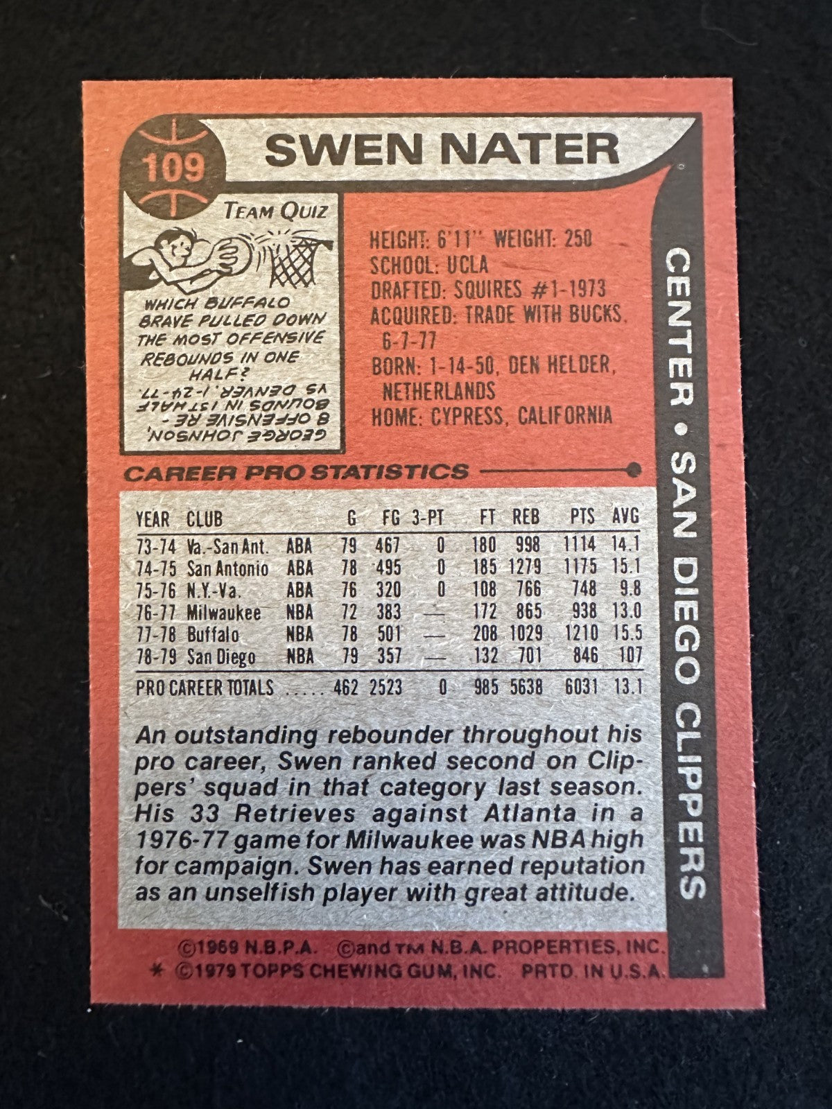 1979-80 Topps Swen Nater (#109) NM ABA Champ, Rebounding Machine ^GRUMPYBUCK^