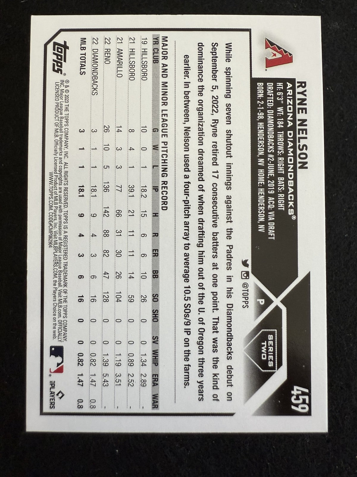 2023 Topps Series 2 Ryne Nelson (#459) MINT Rainbow Foil, Rookie Card 