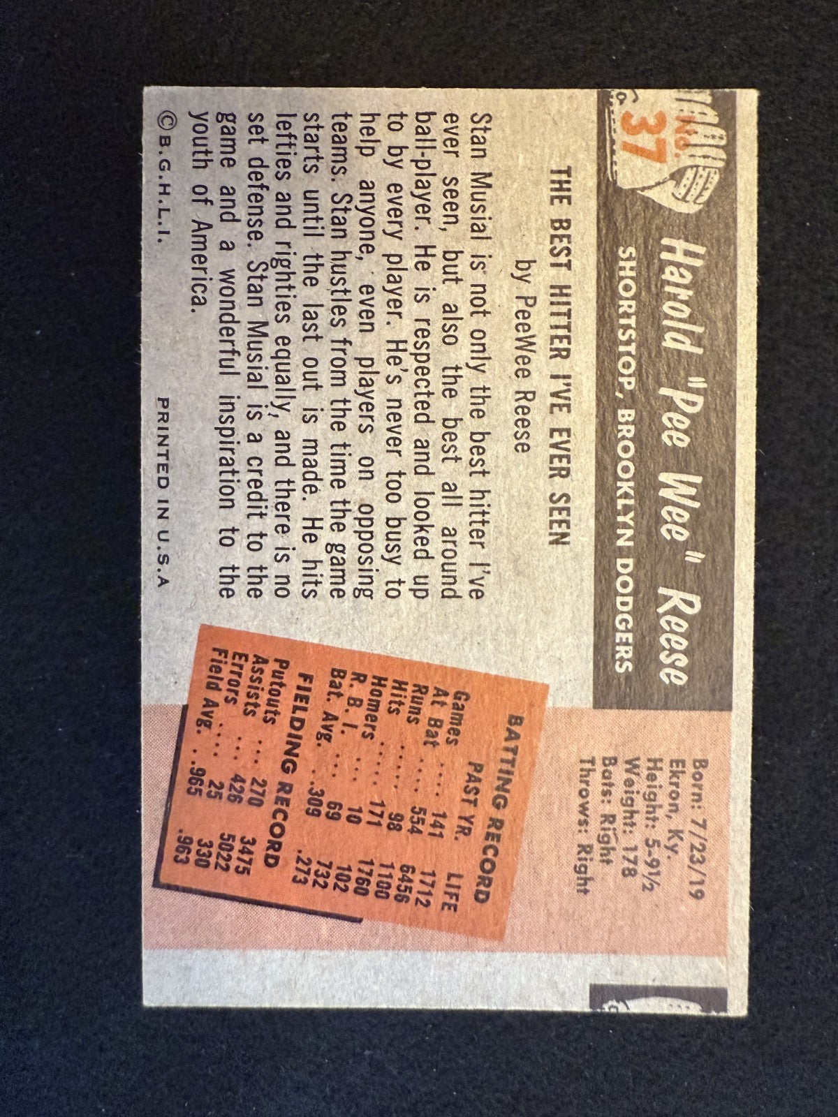 1955 Bowman Pee Wee Reese (#37) NM HOFer, Dodgers Great ^GRUMPYBUCK^