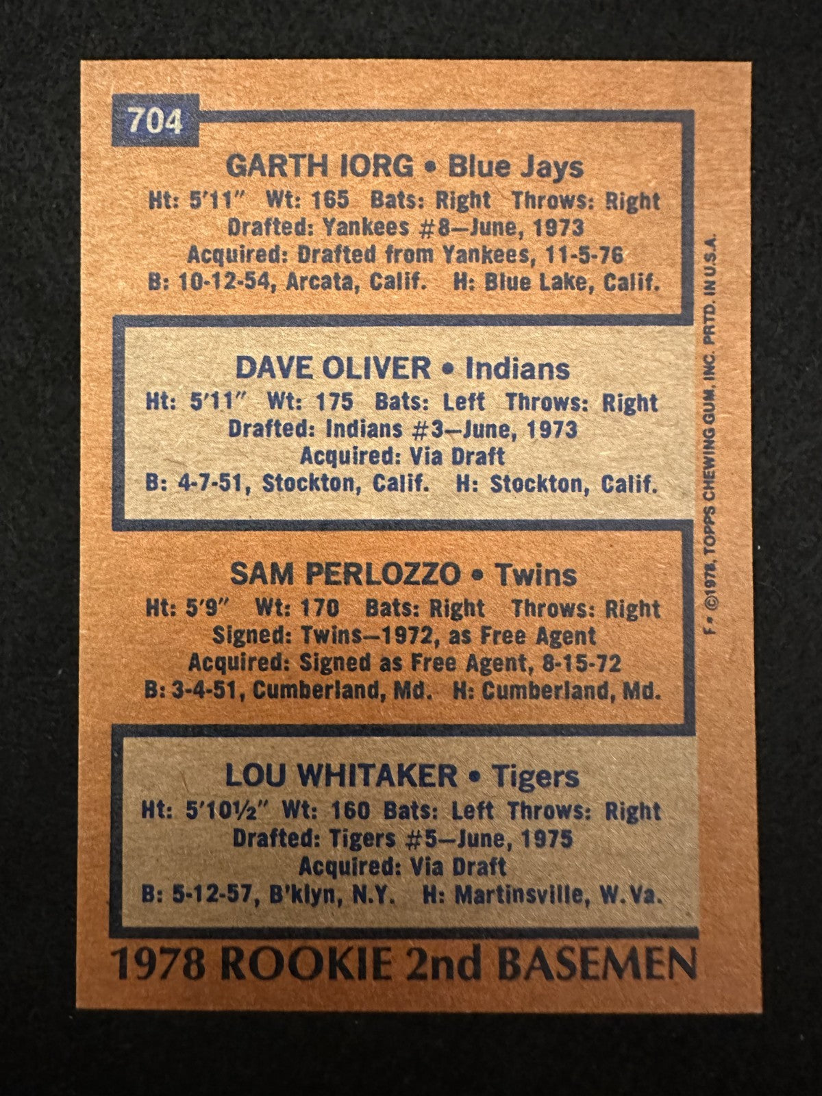 1978 Topps Lou Whitaker (#704) NM Rookie Card, Tigers Star ^GRUMPYBUCK^