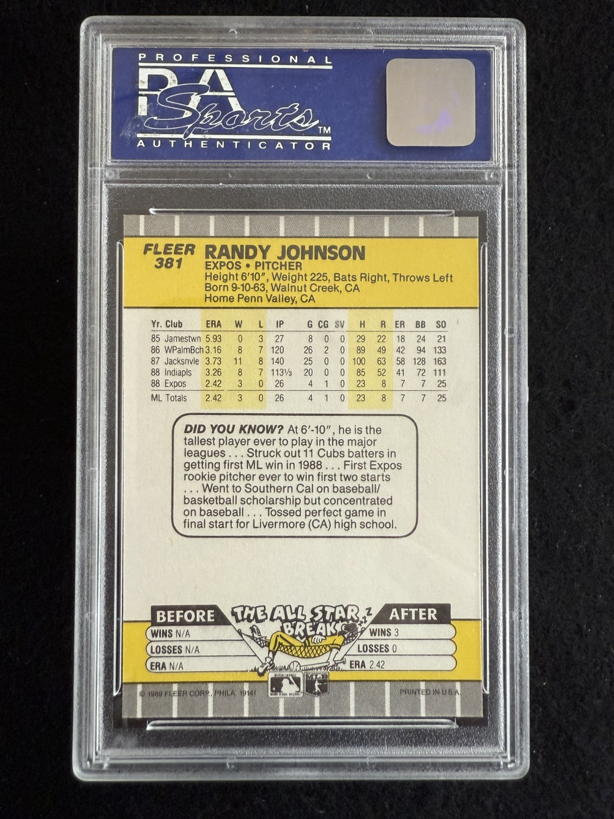 1989 Fleer Randy Johnson (#381) PSA 8 Rookie Card, Blacked Out Ad ^GRUMPYBUCK^