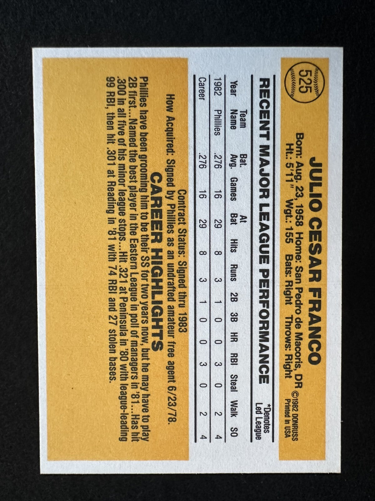 1983 Donruss Julio Franco (#525) NM Rookie Card, Longevity Legend ^GRUMPYBUCK