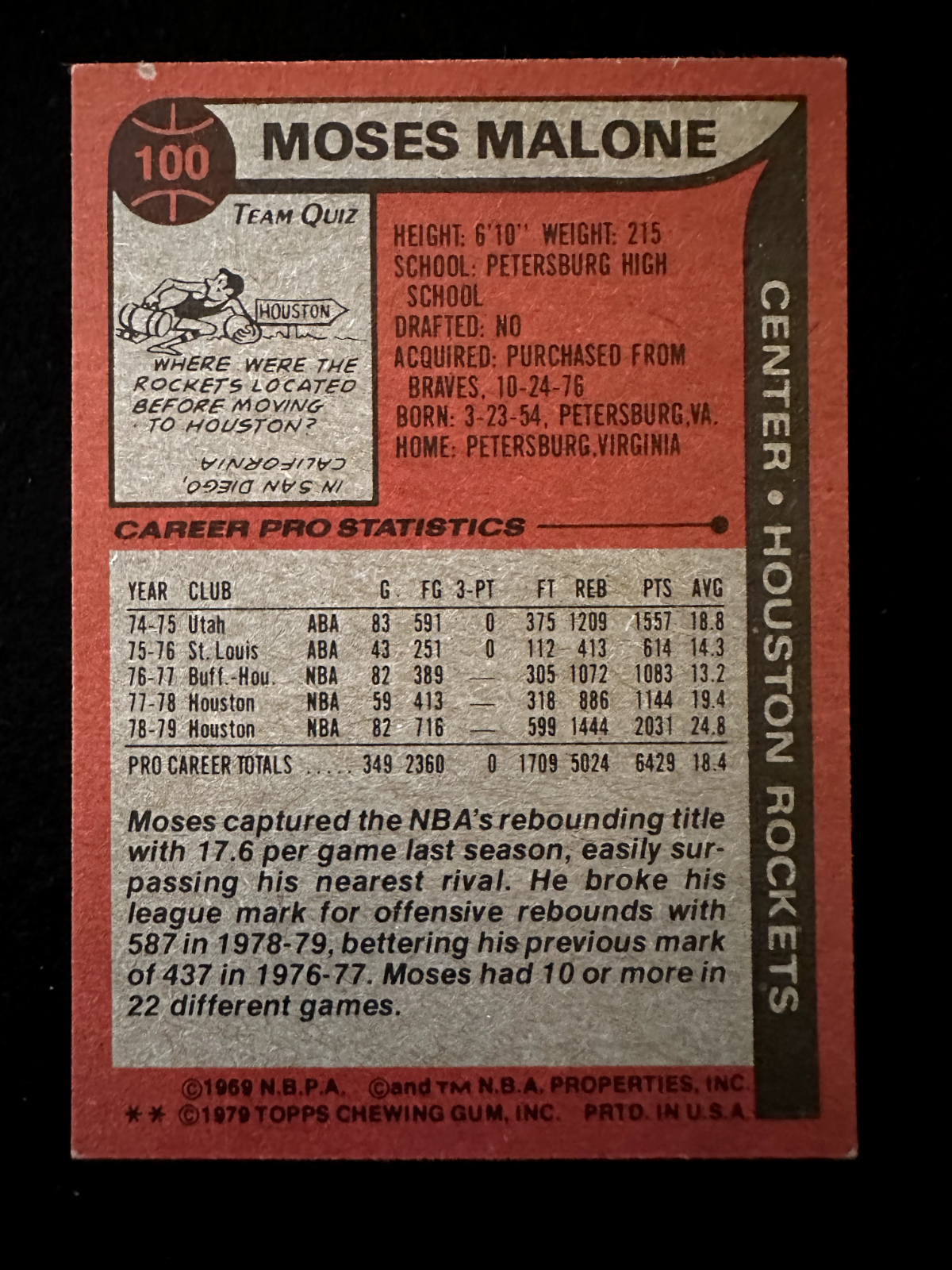 1979–80 Topps Moses Malone (#100) NM HOFer, NBA Champ, MVP ^GRUMPYBUCK^