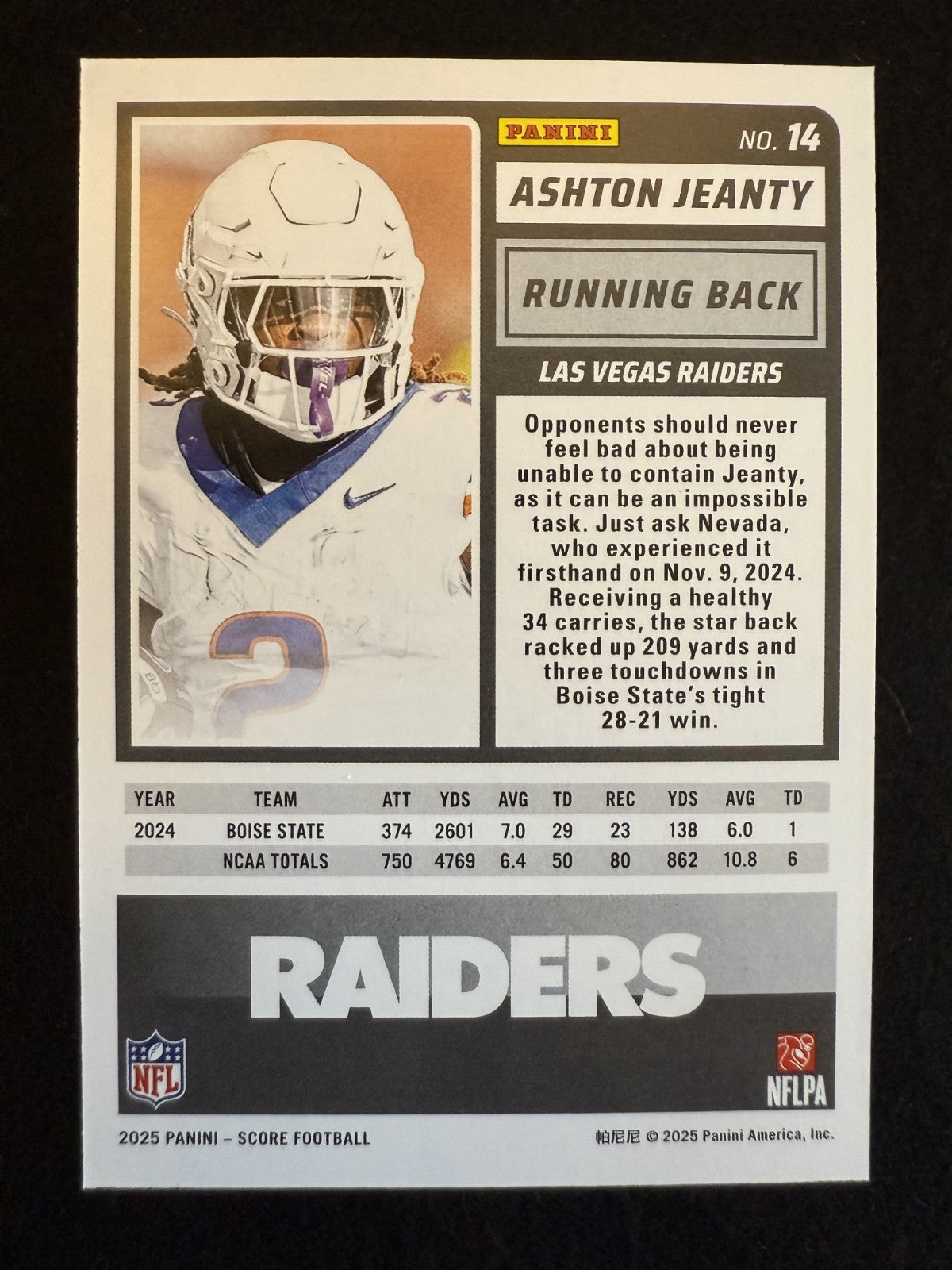 2025 Score Ashton Jeanty (#14) Rookie Card, Raiders Sensation ^GRUMPYBUCK^