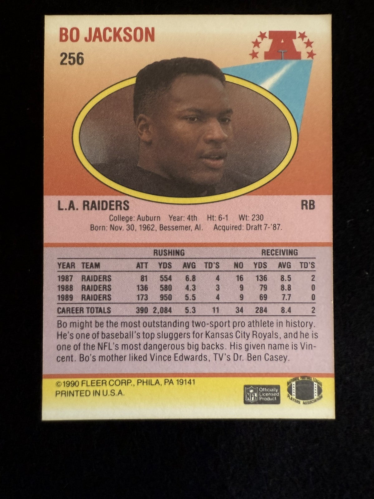 1990 Fleer Bo Jackson (#256) NM Two-Sport Phenom, Royals Power ^GRUMPYBUCK^