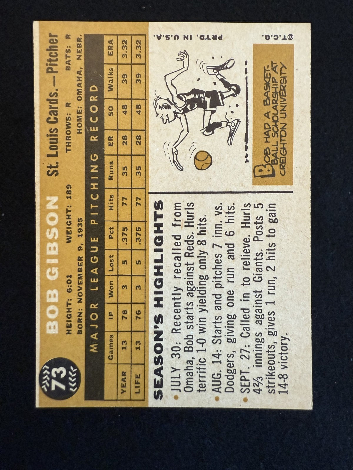 1960 Topps Bob Gibson (#73) EX HOFer, Cardinals Ace ^GRUMPYBUCK^