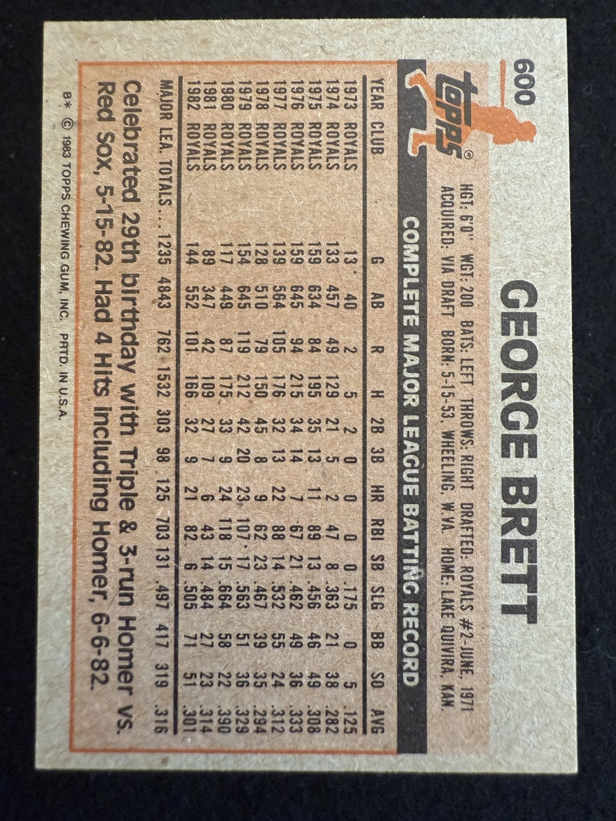 1983 Topps George Brett (#600) NM HOFer, 3K Hits, WS Champ ^GRUMPYBUCK^