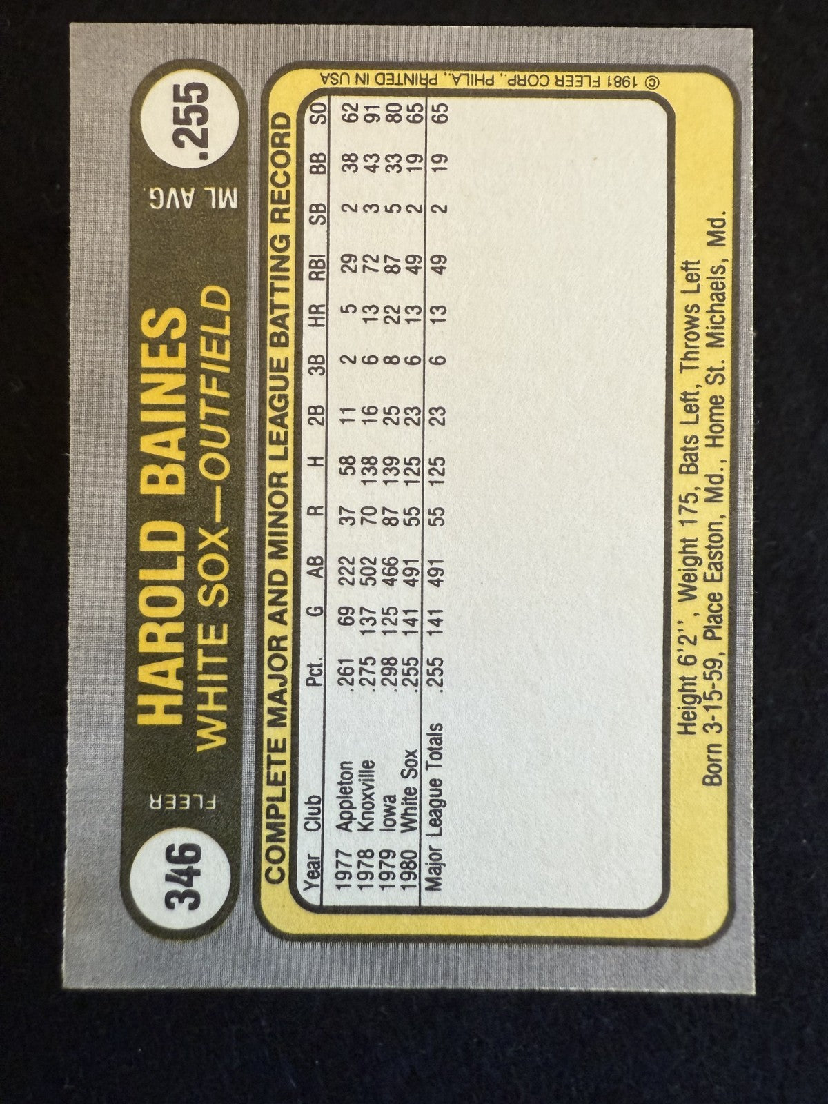 1981 Fleer Harold Baines (#346) NM Rookie Card ^GRUMPYBUCK^