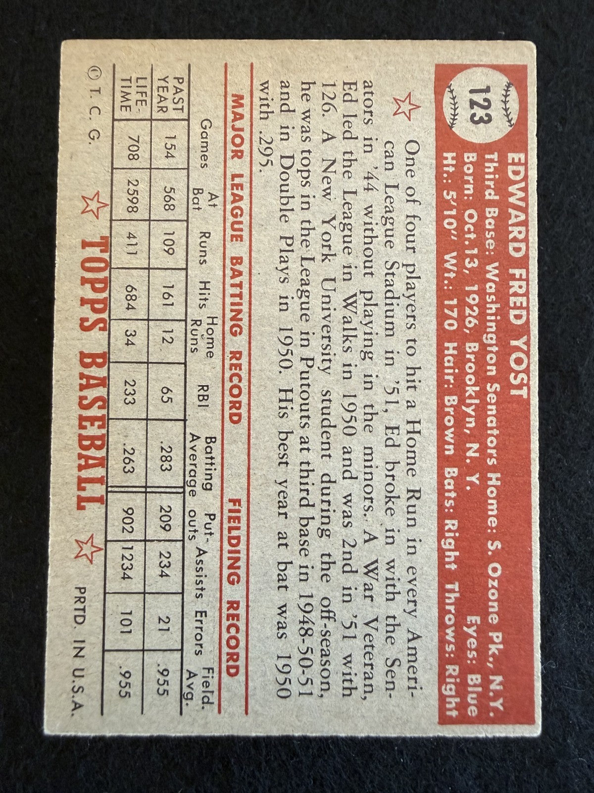 1952 Topps Eddie Yost (#123) Very Good Condition, Great Color! ^GRUMPYBUCK^