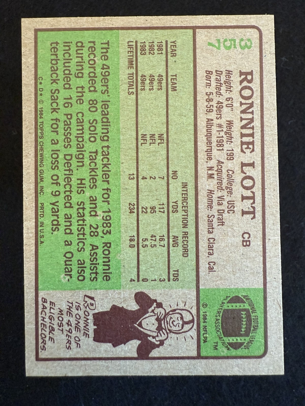 1984 Topps Ronnie Lott (#357) NM HOFer, 49ers Great ^GRUMPYBUCK^