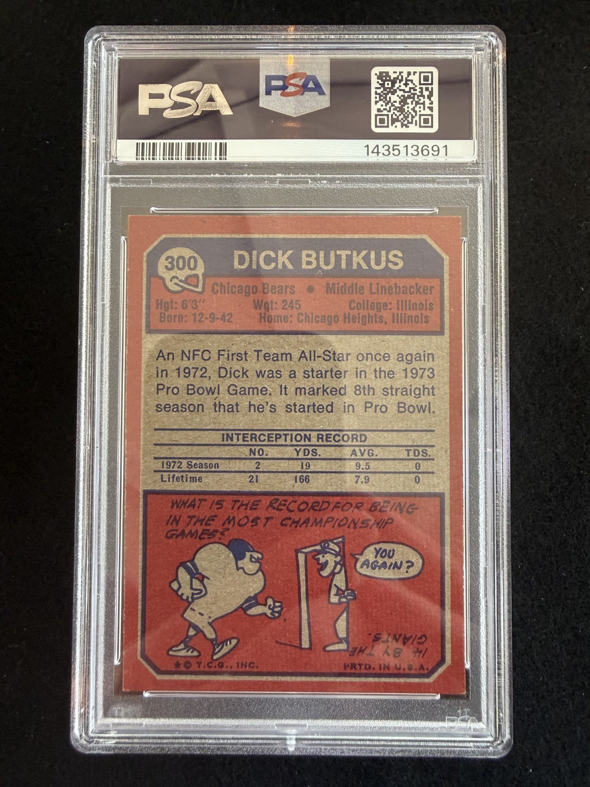 1973 Topps Dick Butkus (#300) PSA 8 Fresh Slab! HOFer, Bears Great ^GRUMPYBUCK^