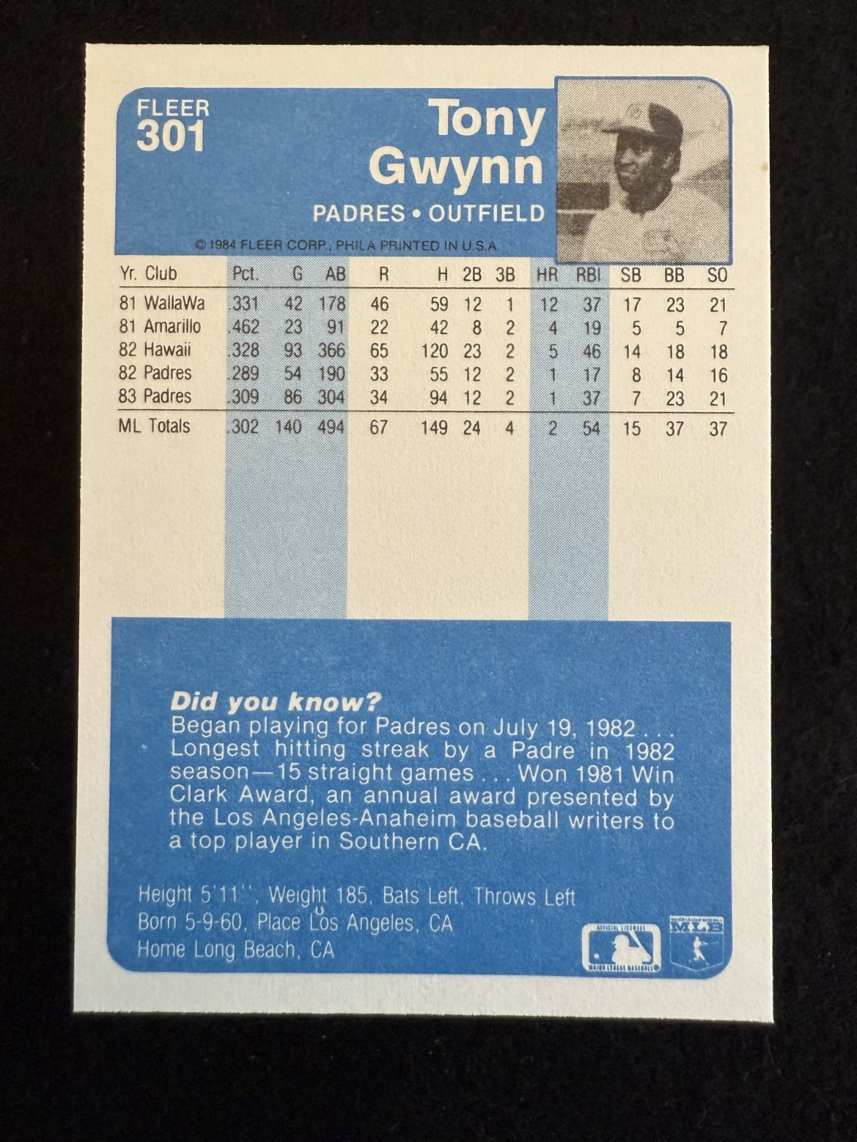 1984 Fleer Tony Gwynn (#301) NM HOFer, Padres Hitting Legend ^GRUMPYBUCK^