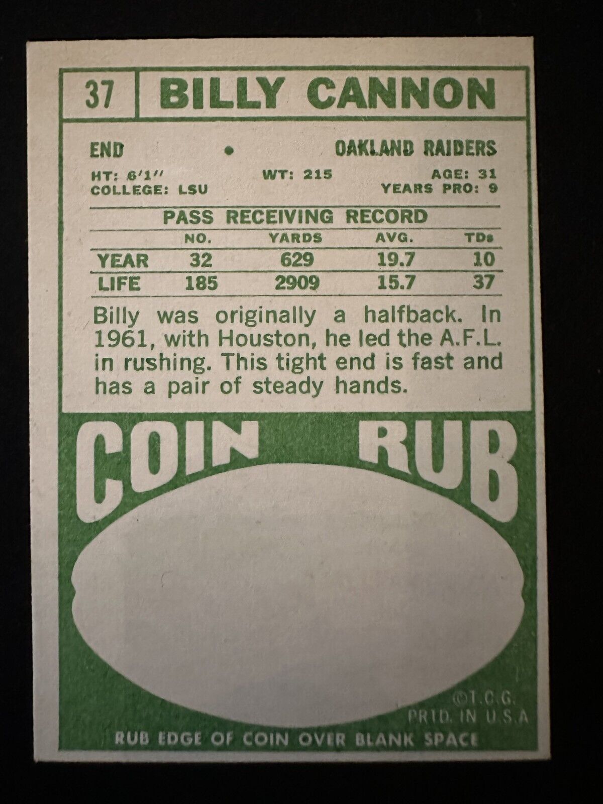 1968 Topps Billy Cannon (#37) EX Heisman Winner, LSU Great ^GRUMPYBUCK^