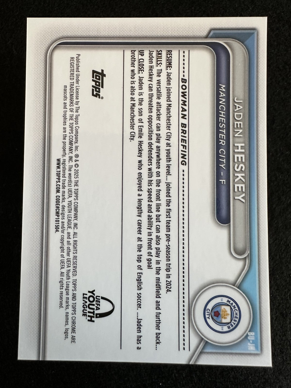 2024-25 Topps Chrome Jaden Heskey 1st Bowman Black Refractor Rookie Card /10