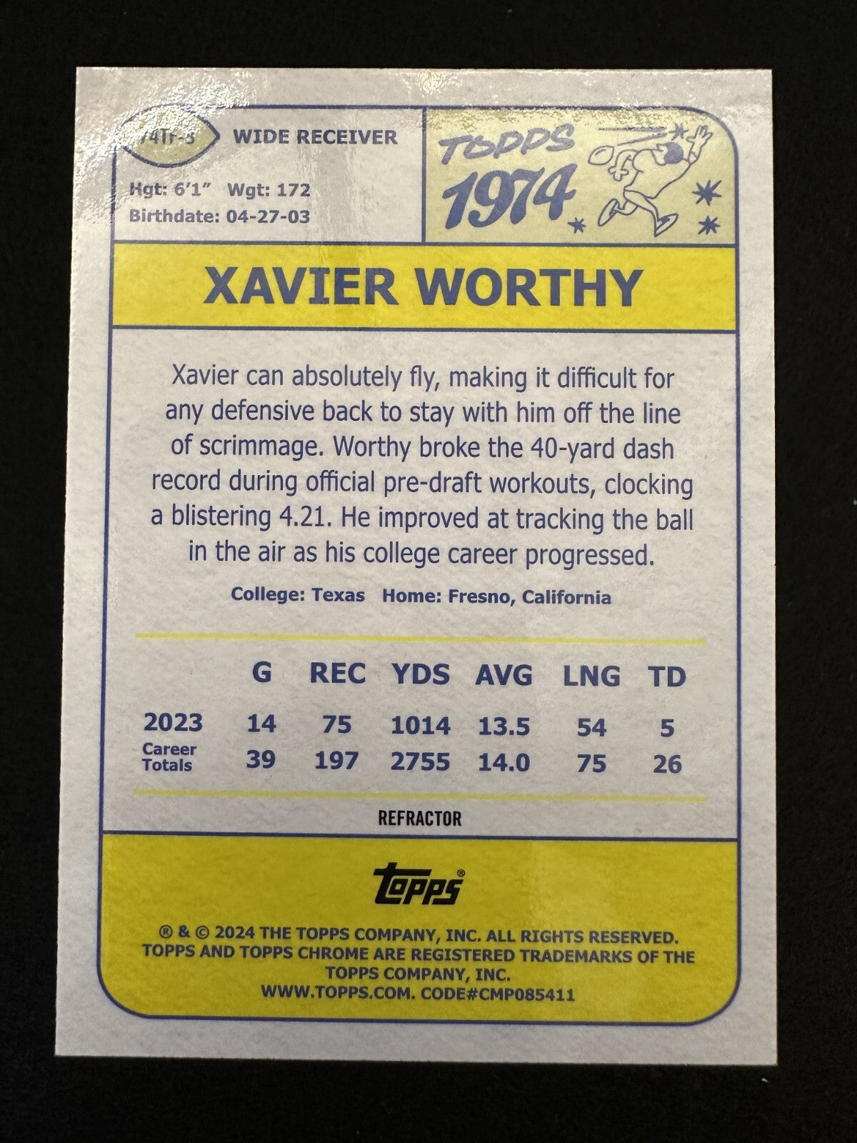 2024 Topps Chrome Xavier Worthy (#74TF-8) MT Rookie, Refractor ^GRUMPYBUCK^