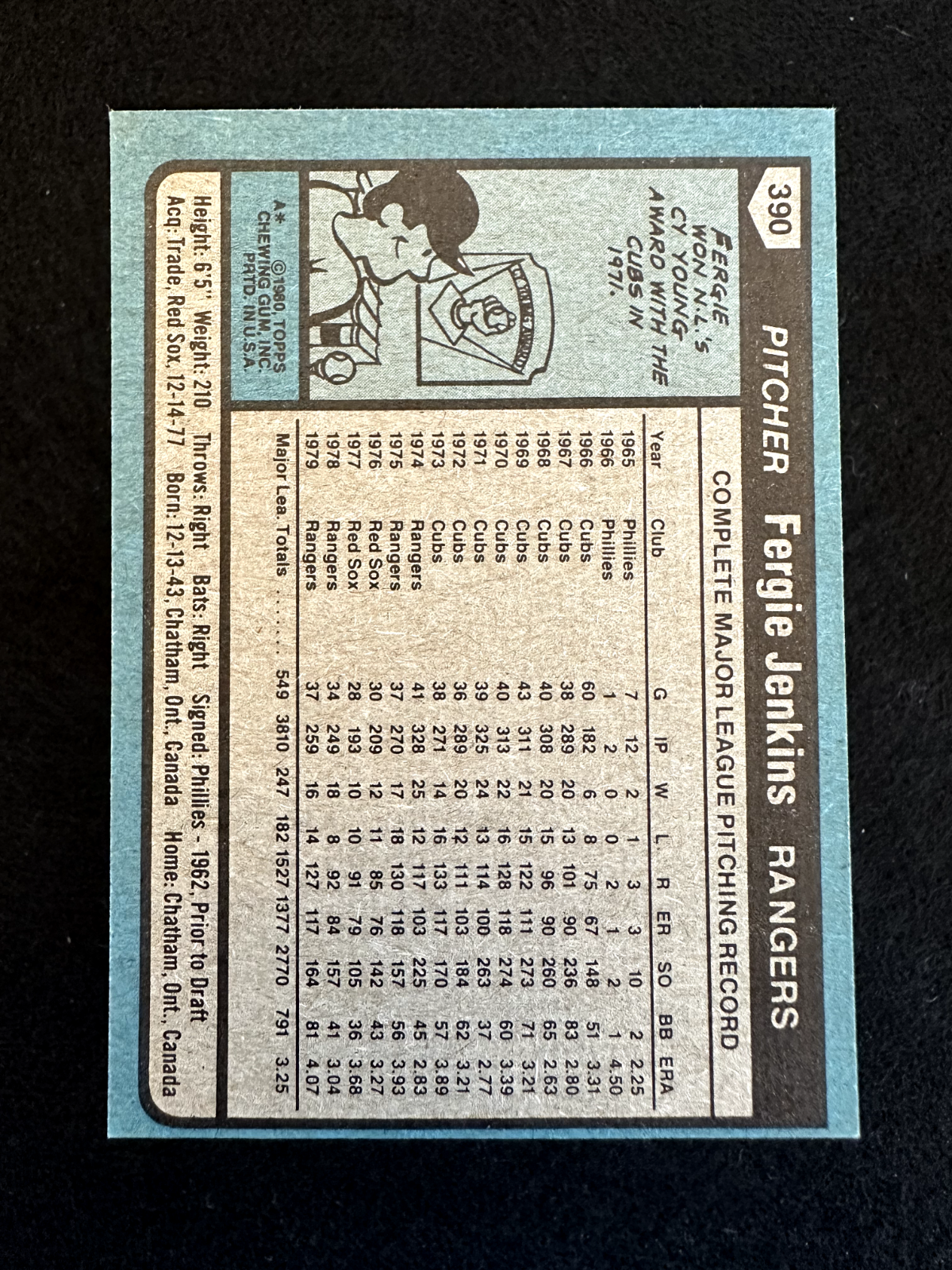 1980 Topps Fergie Jenkins (#390) NM HOFer, Cubs/Rangers Great ^GRUMPYBUCK^