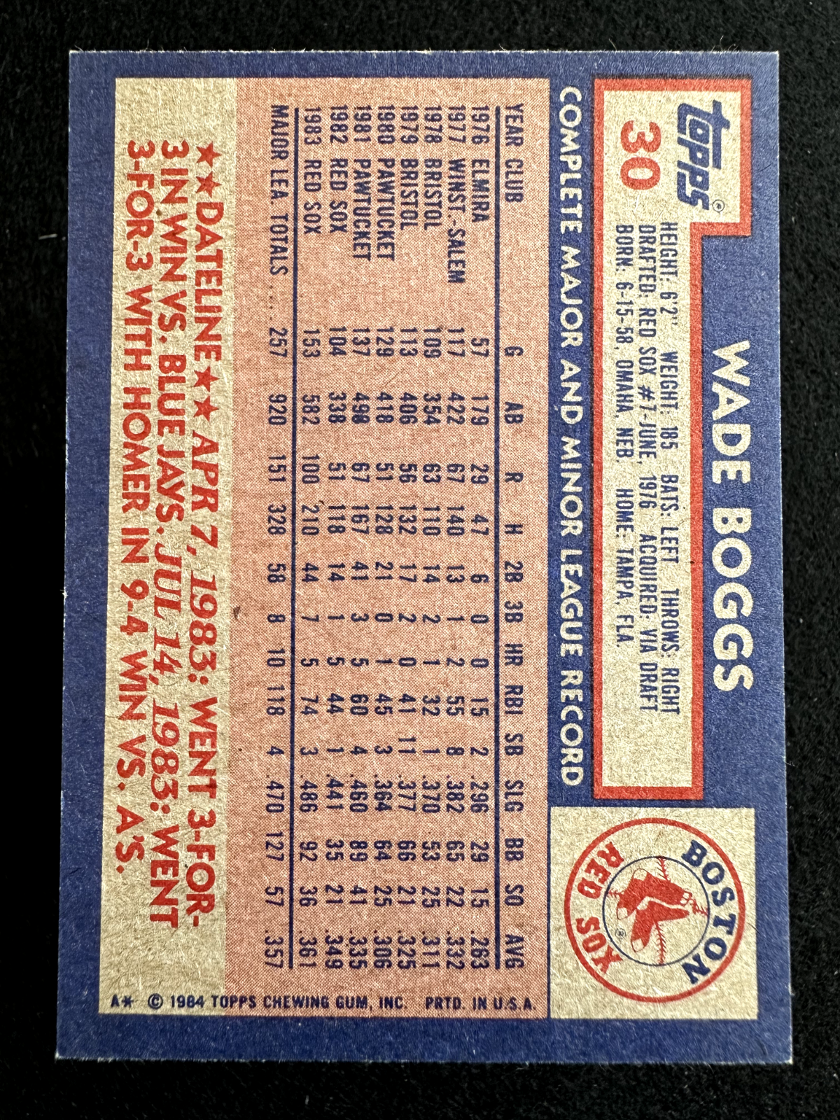 1984 Topps Wade Boggs (#30) NM HOFer, 3,000 Hits, WS Champ ^GRUMPYBUCK^