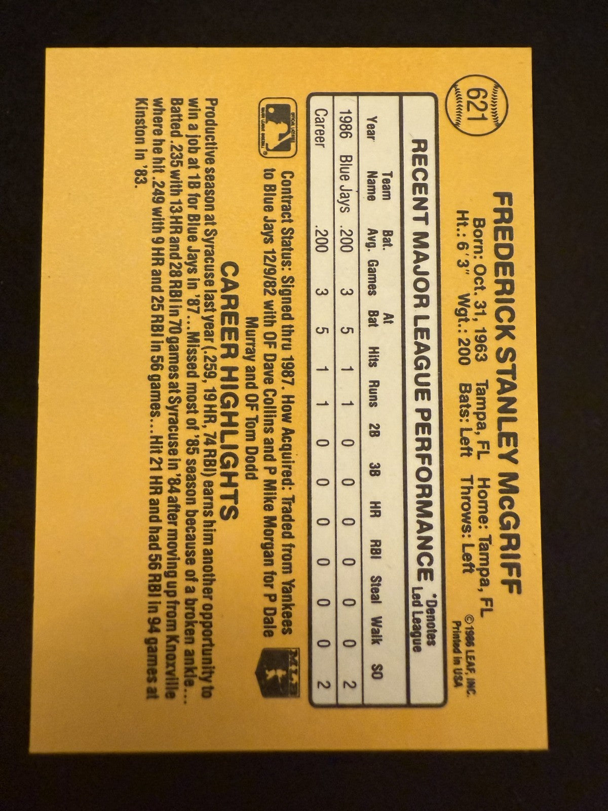 1987 Donruss Fred McGriff (#621) NM HOFer, Rookie Card ^GRUMPYBUCK^