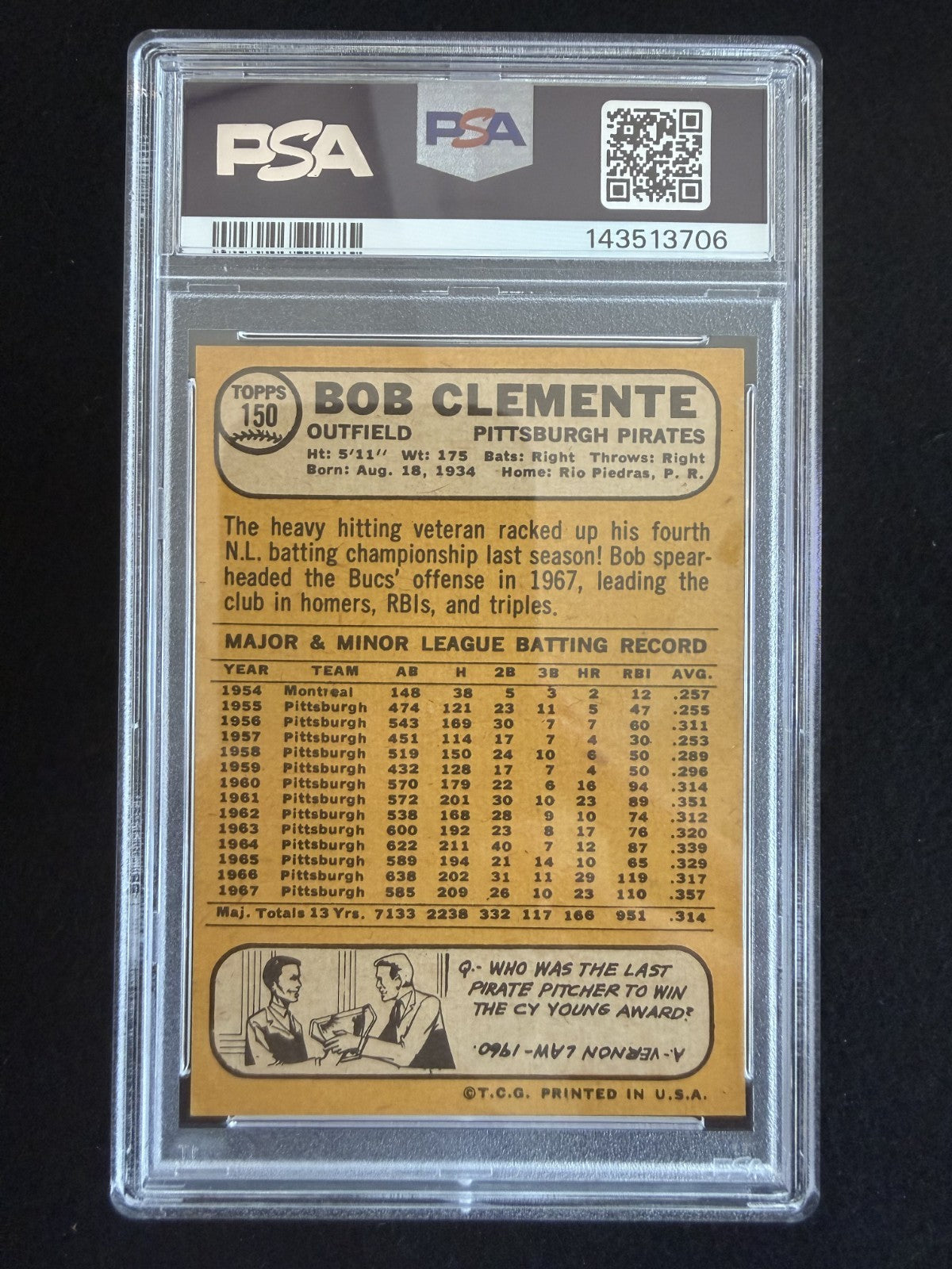 1968 Topps Roberto Clemente (#150) PSA 7, Brand-New Slab! ^GRUMPYBUCK^
