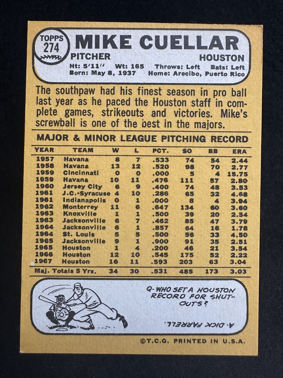 1968 Topps Mike Cuellar (#274) NM Orioles Ace, Cy Young Winner ^GRUMPYBUCK^