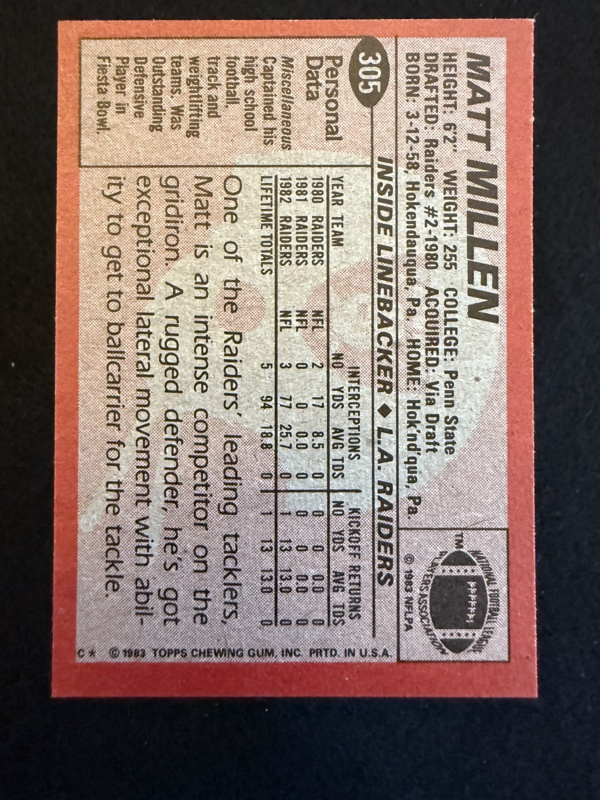1983 Topps Matt Millen (#305) NM Raiders LB, Super Bowl Champ ^GRUMPYBUCK^