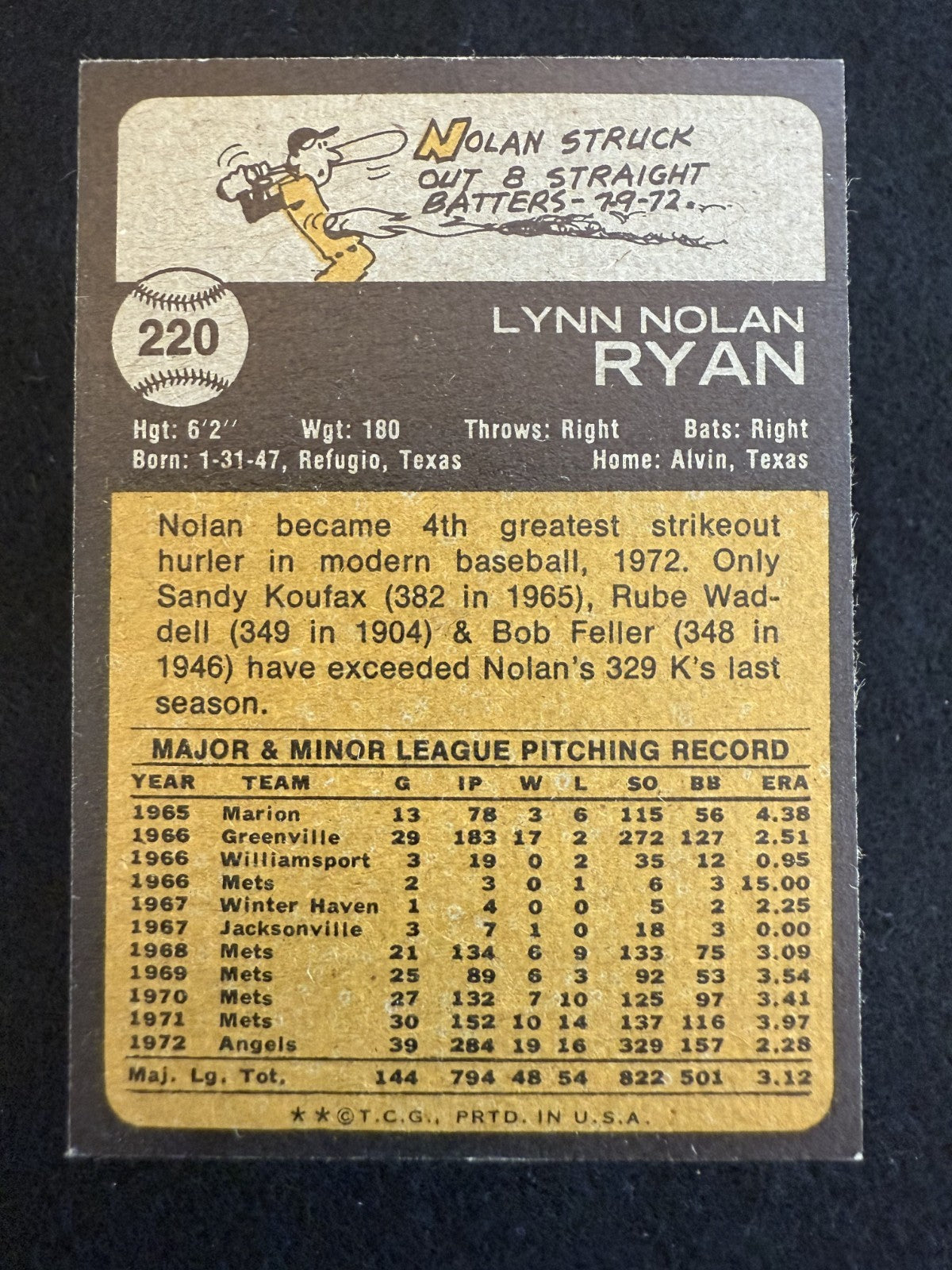 1973 Topps Nolan Ryan (#220) EX Ryan Express, Beautiful Card ^GRUMPYBUCK^