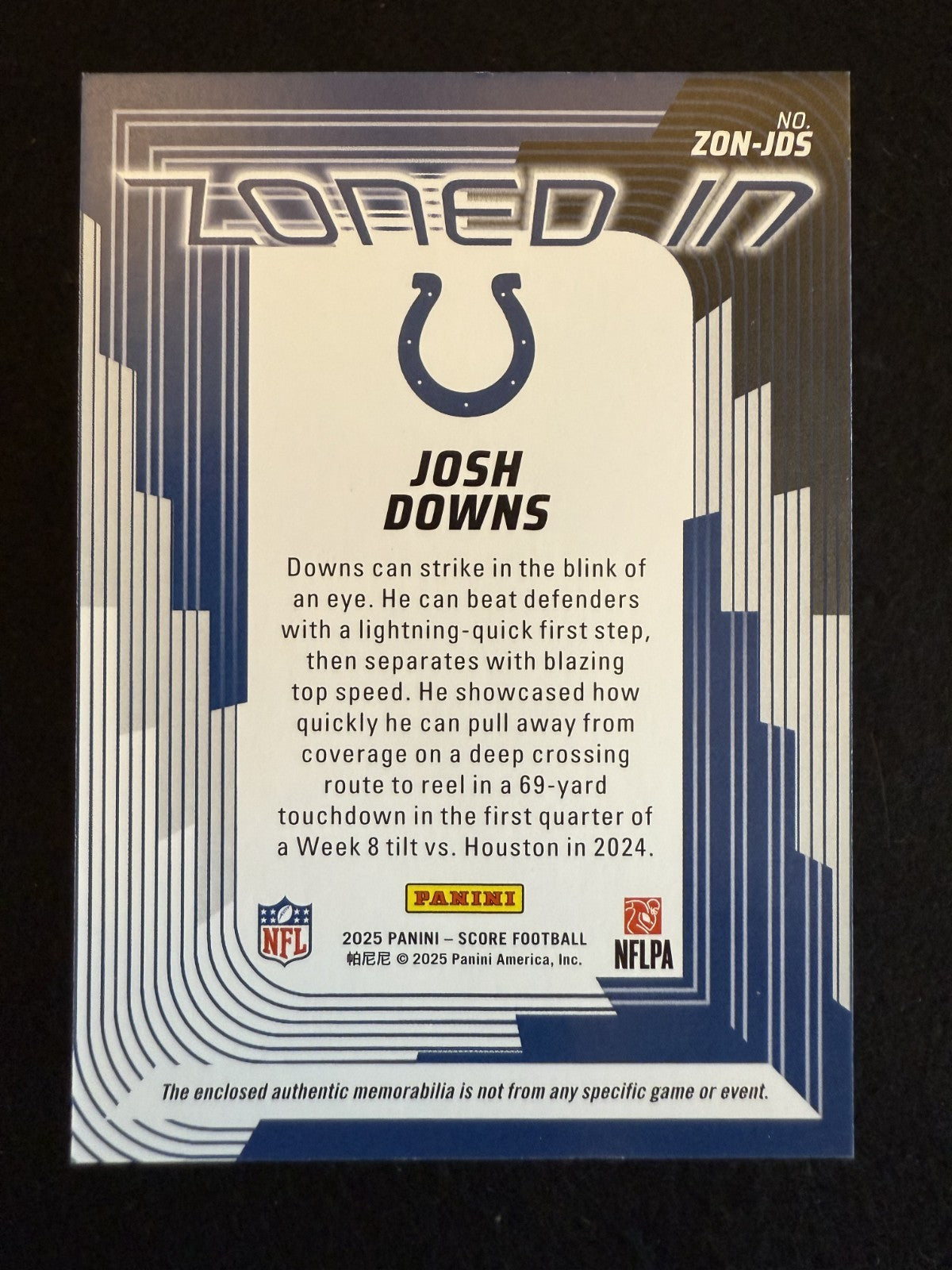 2025 Score Josh Downs (#ZON-JDS) MINT Jersey Relic Zoned In ^GRUMPYBUCK^