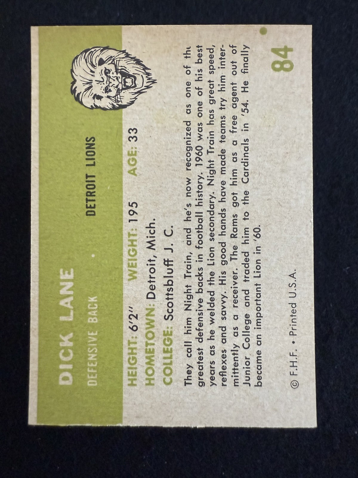 1961 Fleer Dick Lane (#84) EX HOFer, “Night Train” Cornerback ^GRUMPYBUCK^