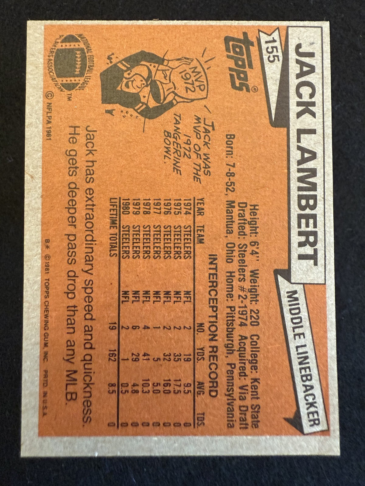 1981 Topps Jack Lambert (#155) EX HOFer, Steelers Great ^GRUMPYBUCK^
