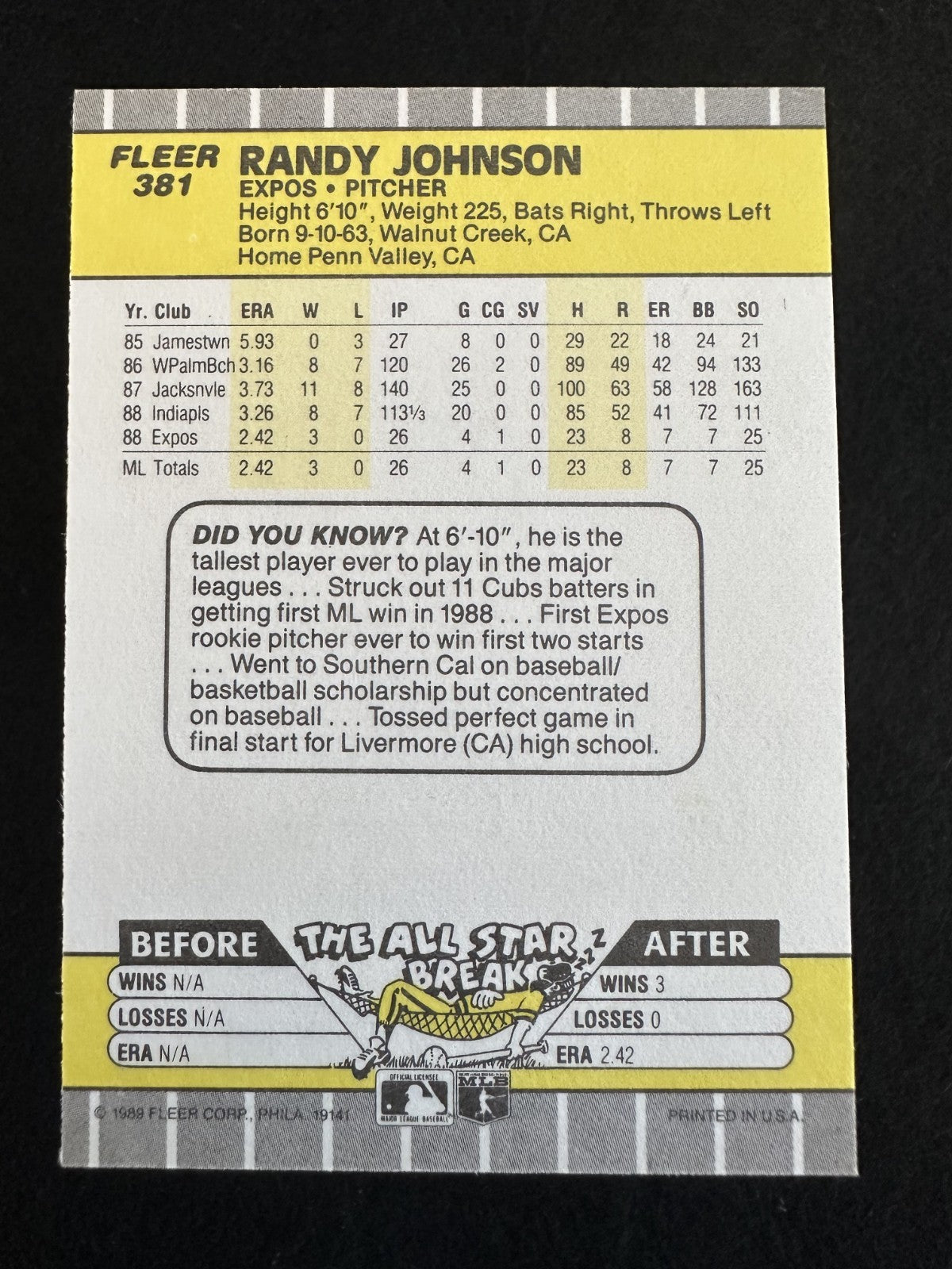 1989 Fleer Randy Johnson (#381) NM HOFer, Rookie Card ^GRUMPYBUCK^