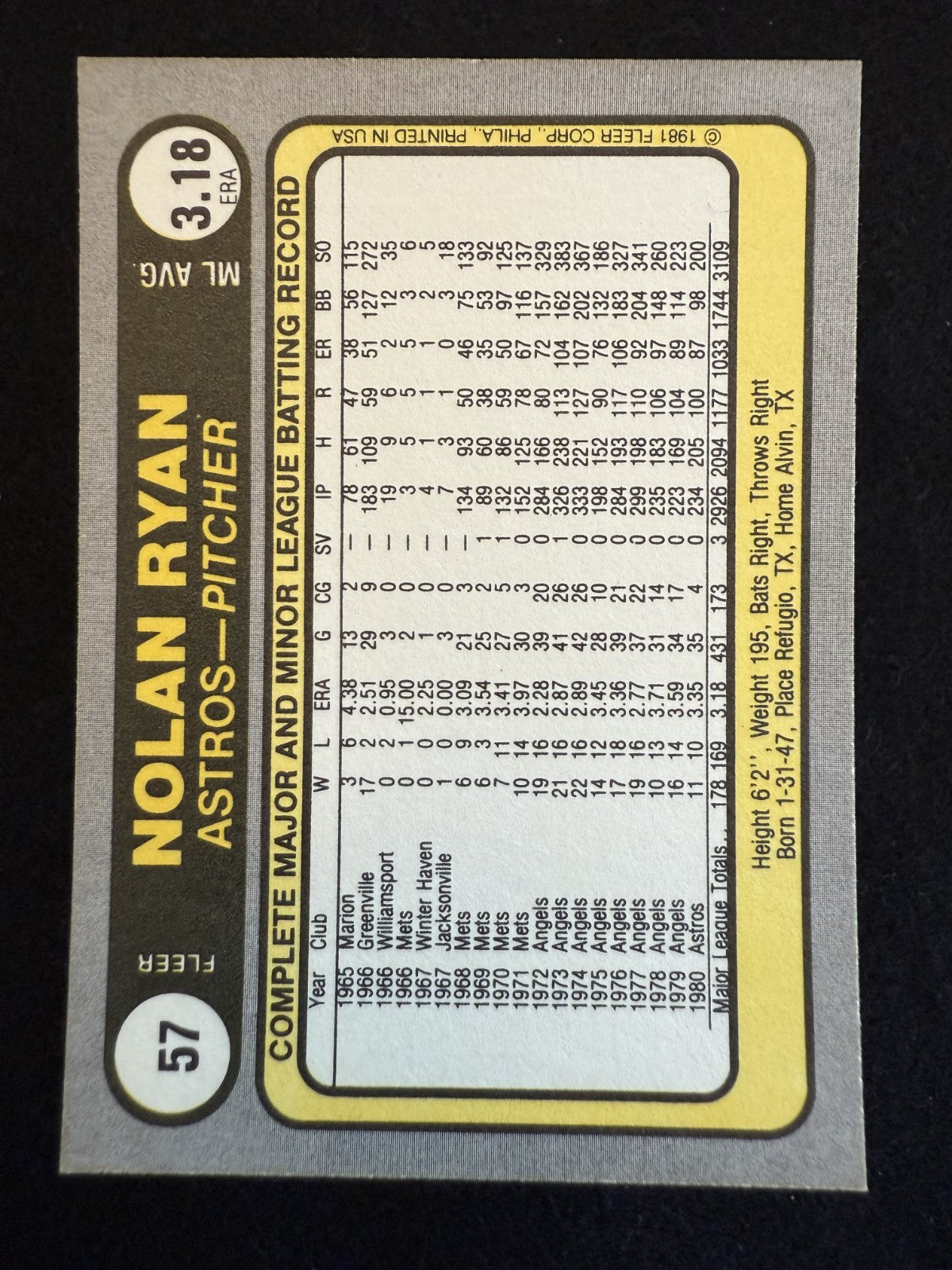 1981 Fleer Nolan Ryan (#57) NM HOFer, Ryan Express ^GRUMPYBUCK^