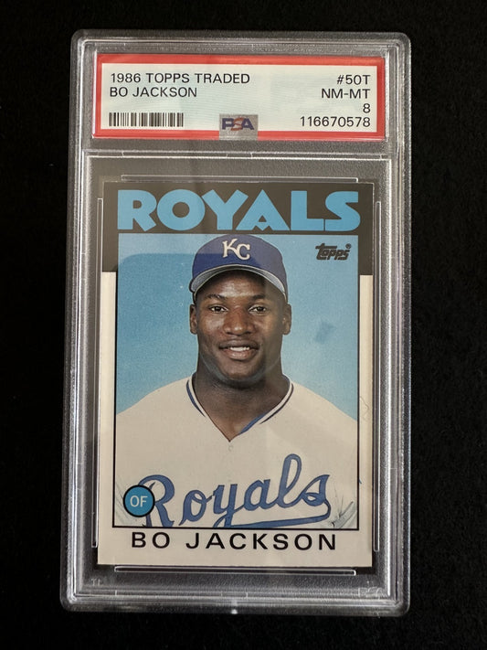 1986 Topps Traded Bo Jackson (#50T) PSA 8 Rookie Card, 2-Sport Star ^GRUMPYBUCK^