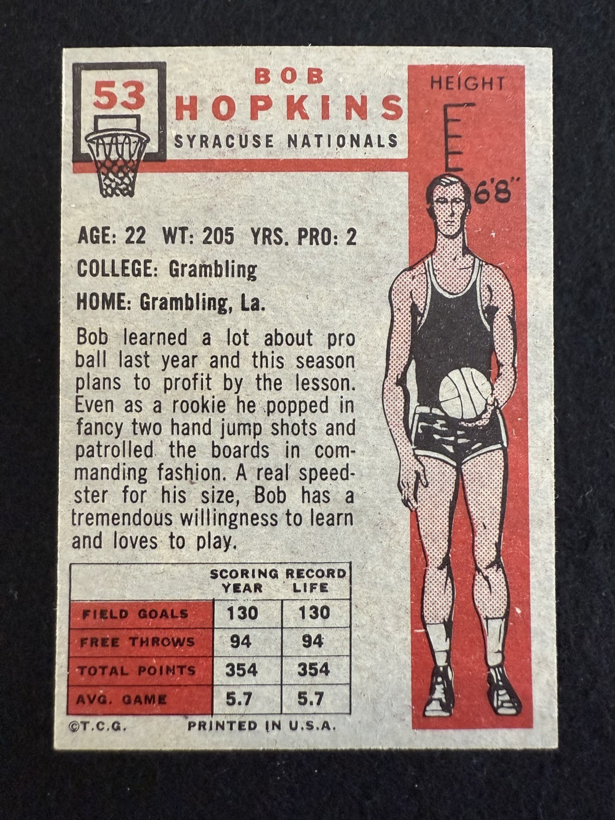 1957-58 Topps Bob Hopkins (#53) EX Rookie Card, Syracuse Nationals ^GRUMPYBUCK^