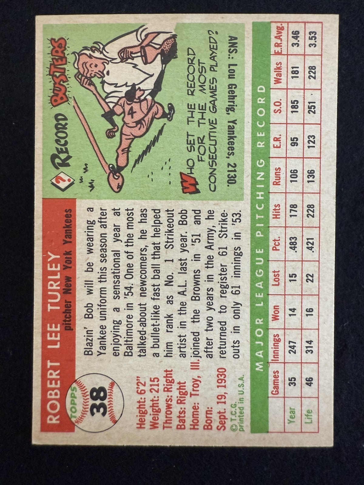 1955 Topps Bob Turley (#38) NM Stellar Condition, Yankees Great ^GRUMPYBUCK^