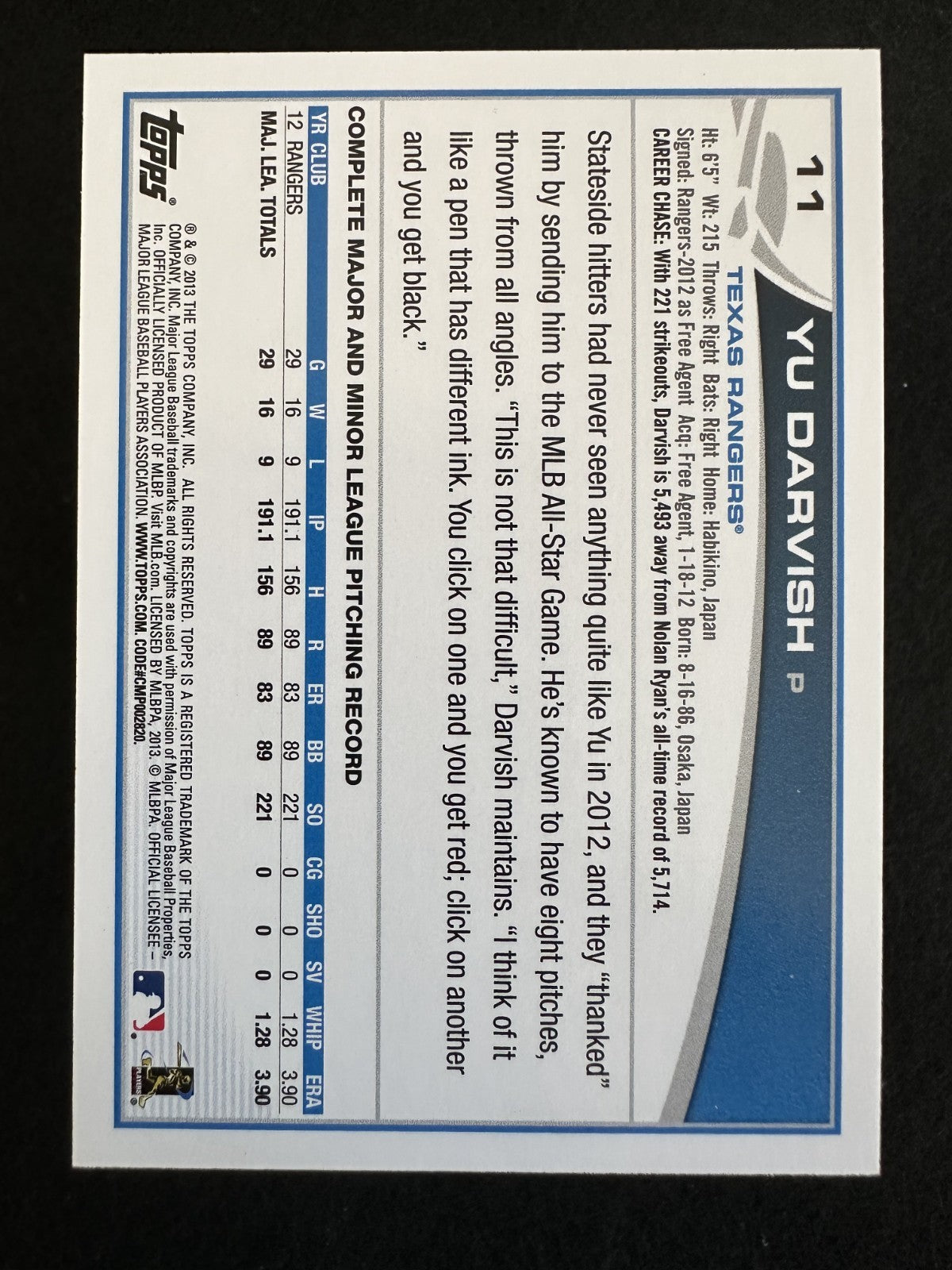 2013 Topps Yu Darvish (#11) NM Rangers Ace, Strikeout Artist ^GRUMPYBUCK^