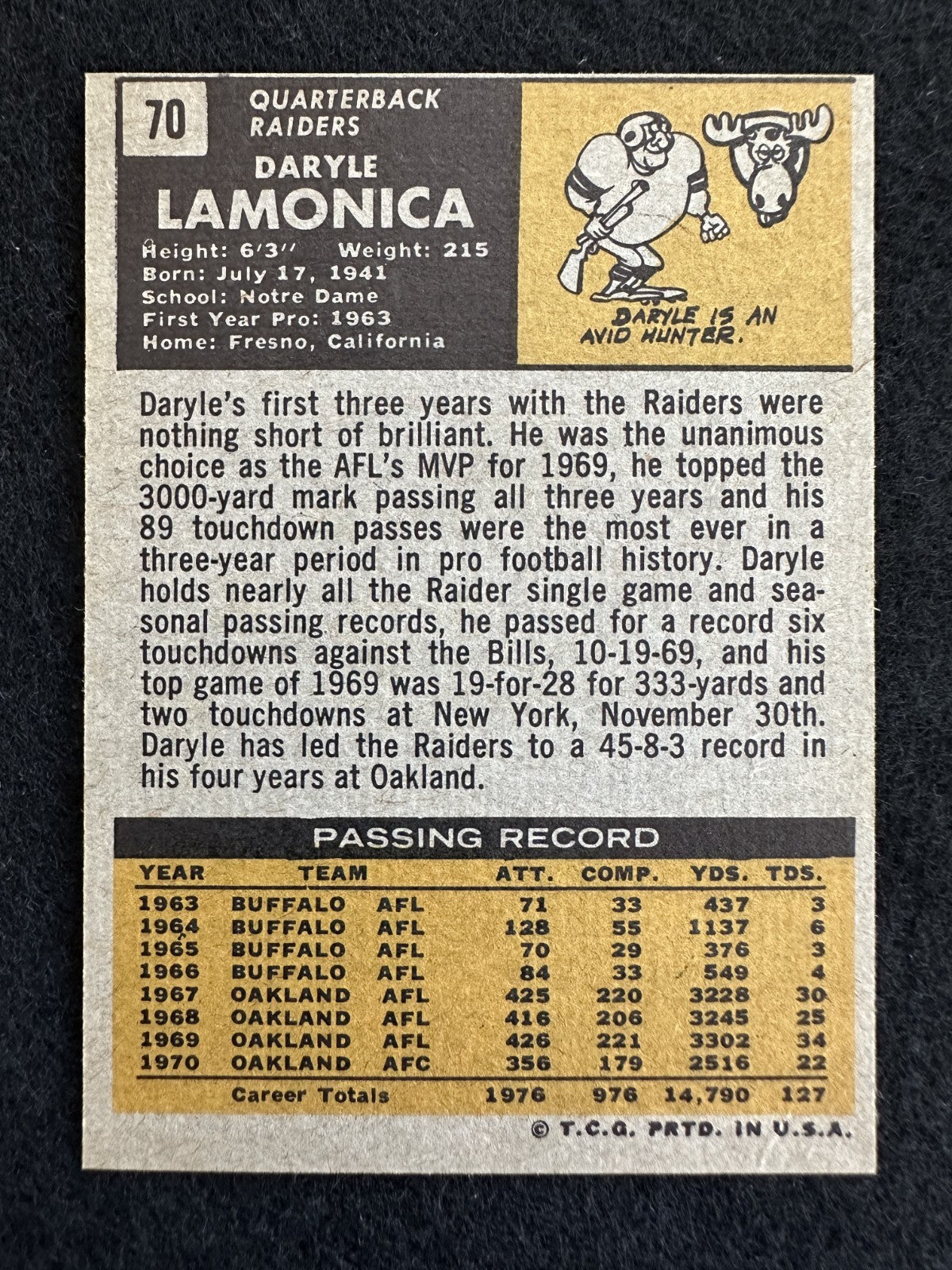 1971 Topps Daryle Lamonica (#70) NM All-Time Raiders Great ^GRUMPYBUCK^