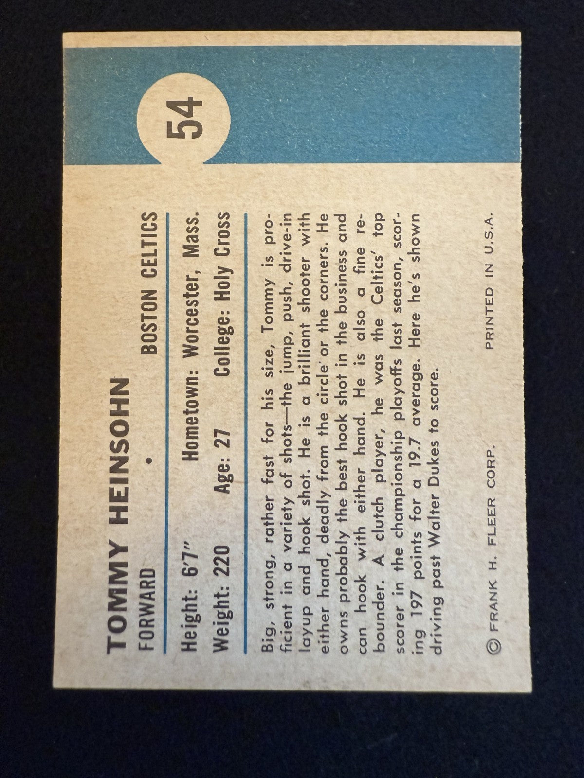 1961-62 Fleer Tom Heinsohn (#54) EX HOFer, NBA Champ & Boston Icon ^GRUMPYBUCK^