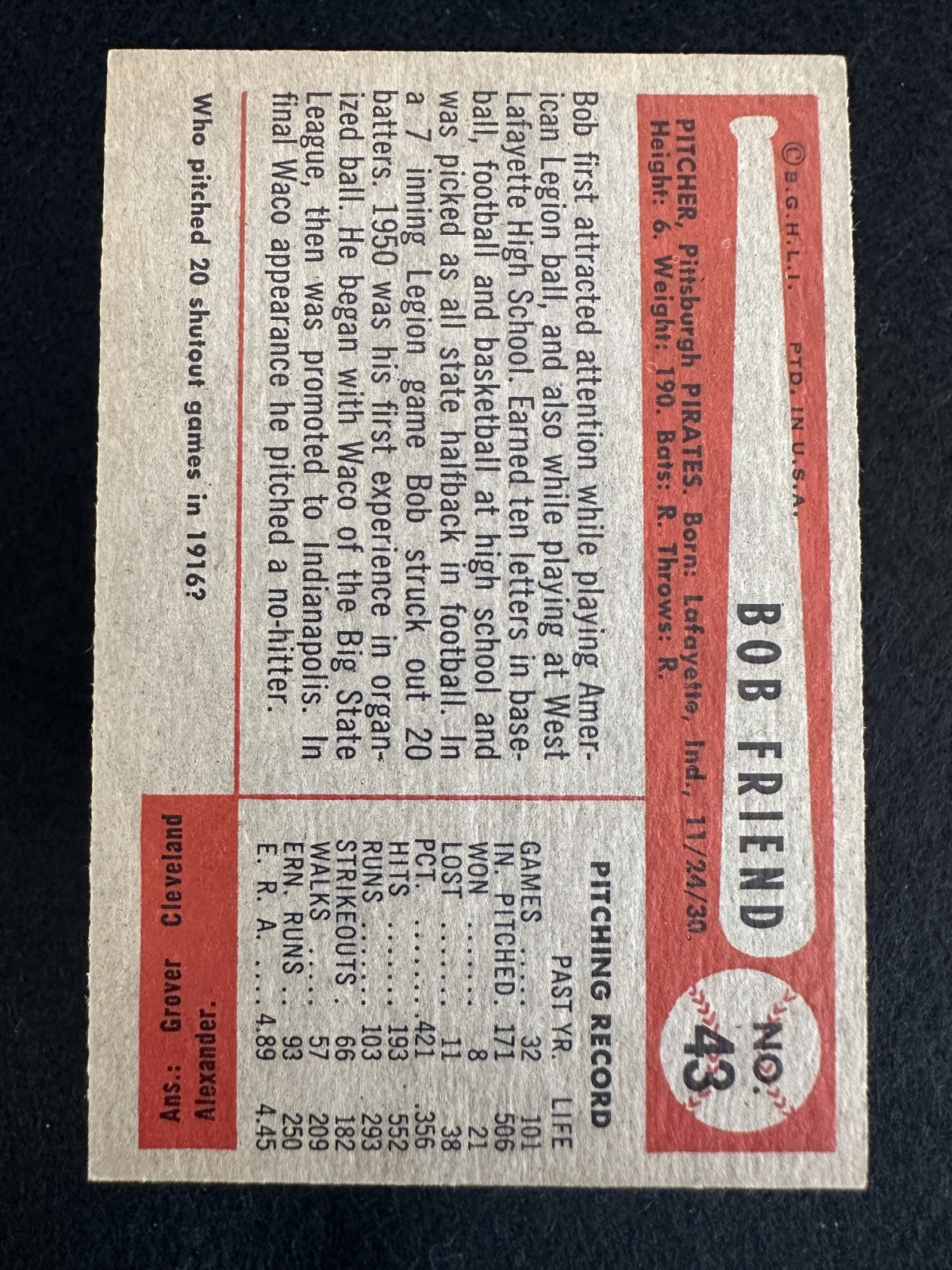 1954 Bowman Bob Friend (#43) NM Pirates Ace, Vintage Classic ^GRUMPYBUCK^