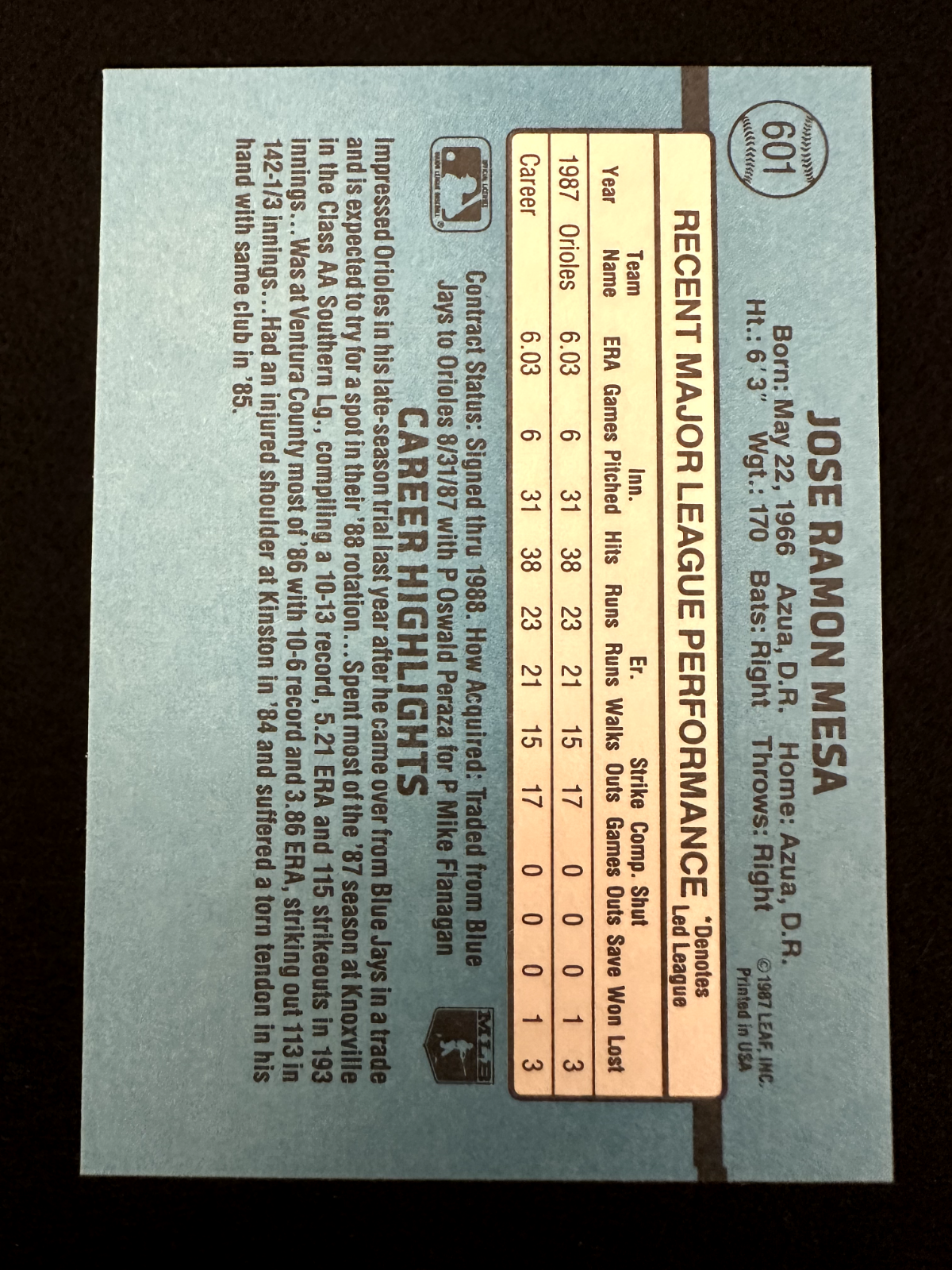 1988 Donruss Jose Mesa (#601) NM Dominant Closer as a Rookie ^GRUMPYBUCK^