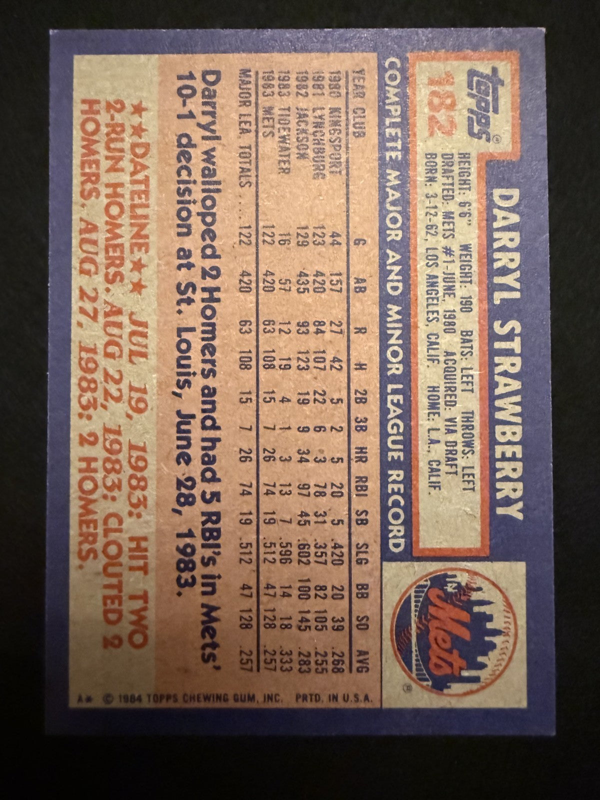 1984 Topps Darryl Strawberry (#182) NM Well Centered, Sharp Corners, Rookie Card