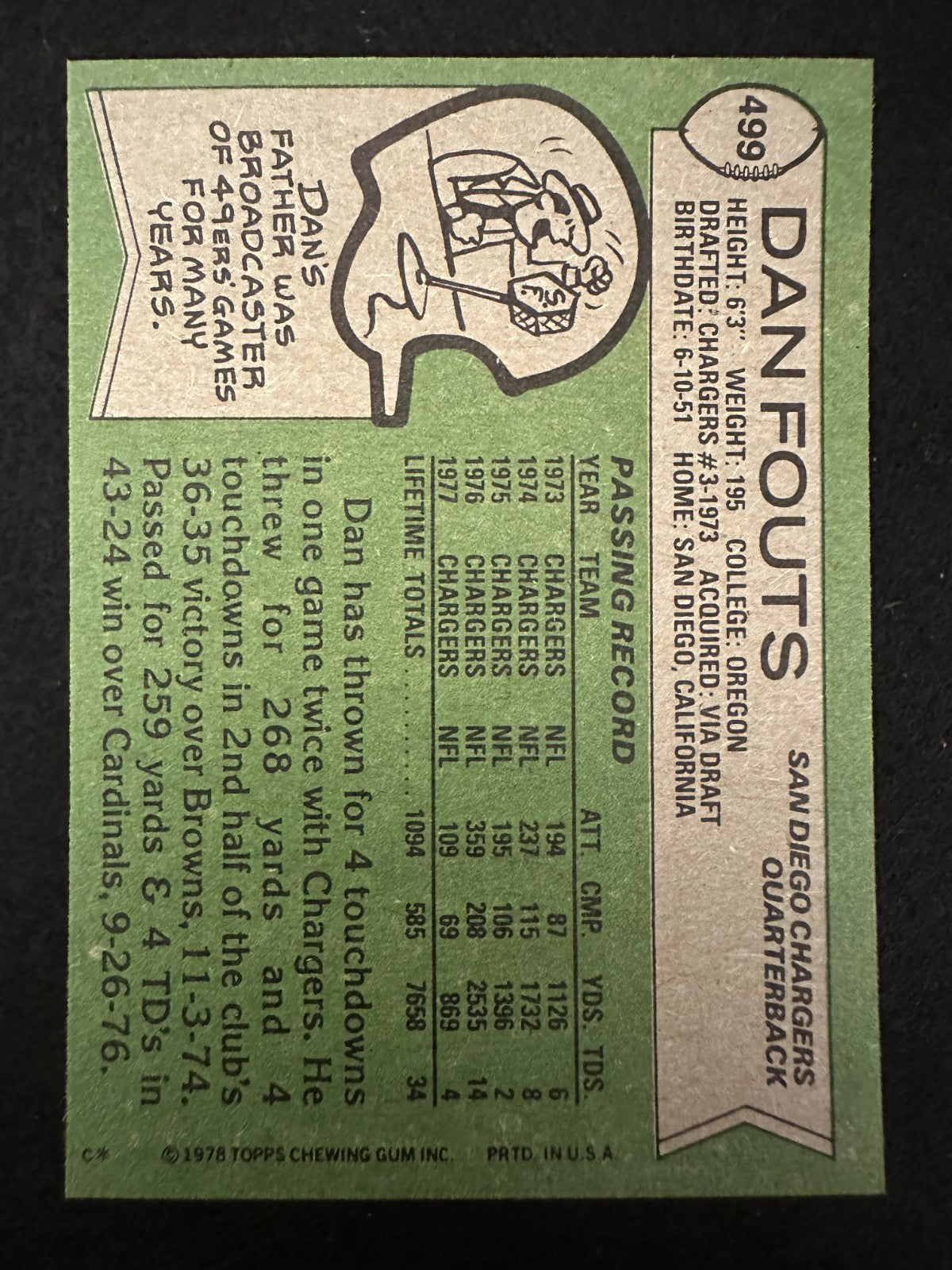 1978 Topps Dan Fouts (#499) NM HOFer, Air Coryell Quarterback ^GRUMPYBUCK^