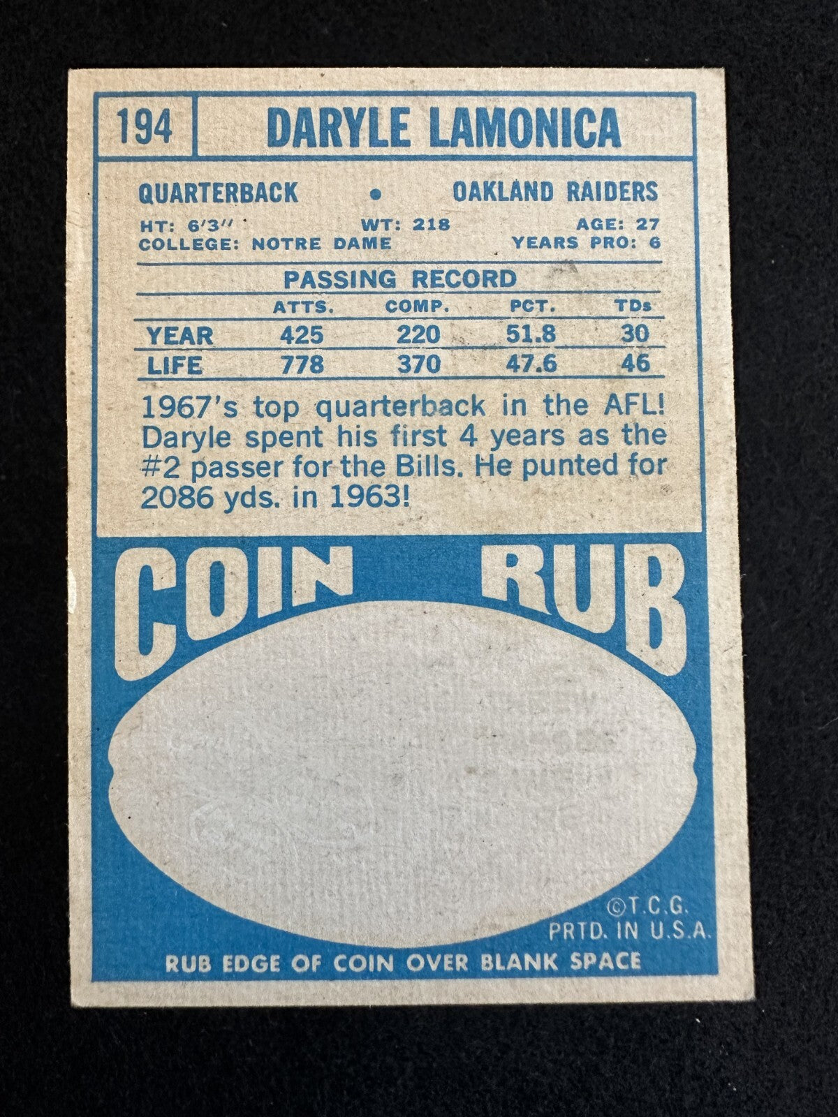 1968 Topps Daryle Lamonica (#194) EX Raiders QB, AFL Star ^GRUMPYBUCK^