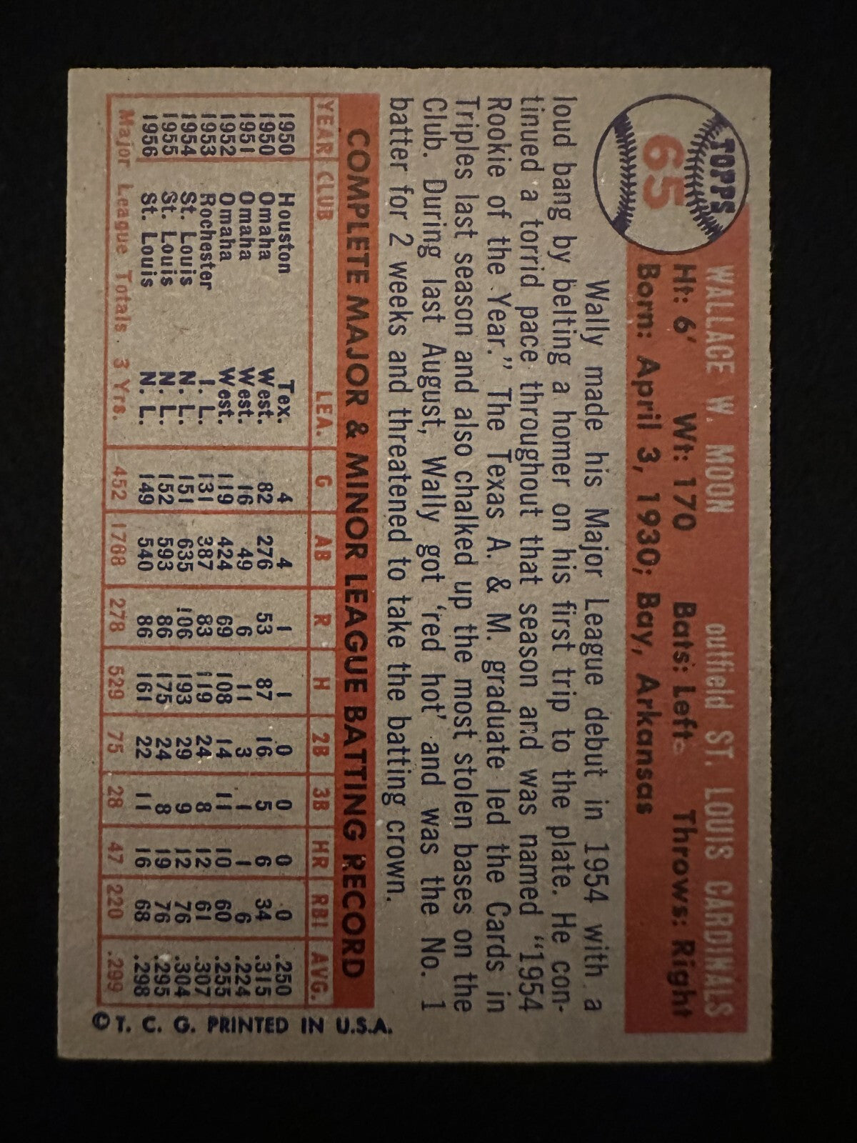 1957 Topps Wally Moon (#65) EX Cardinals OF, Unibrow Icon ^GRUMPYBUCK^