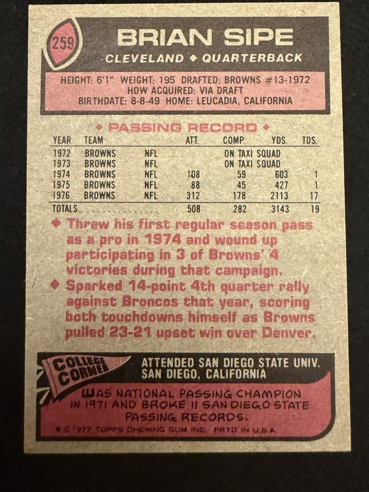 1977 Topps Brian Sipe (#259) EX MVP, Browns Great ^GRUMPYBUCK^