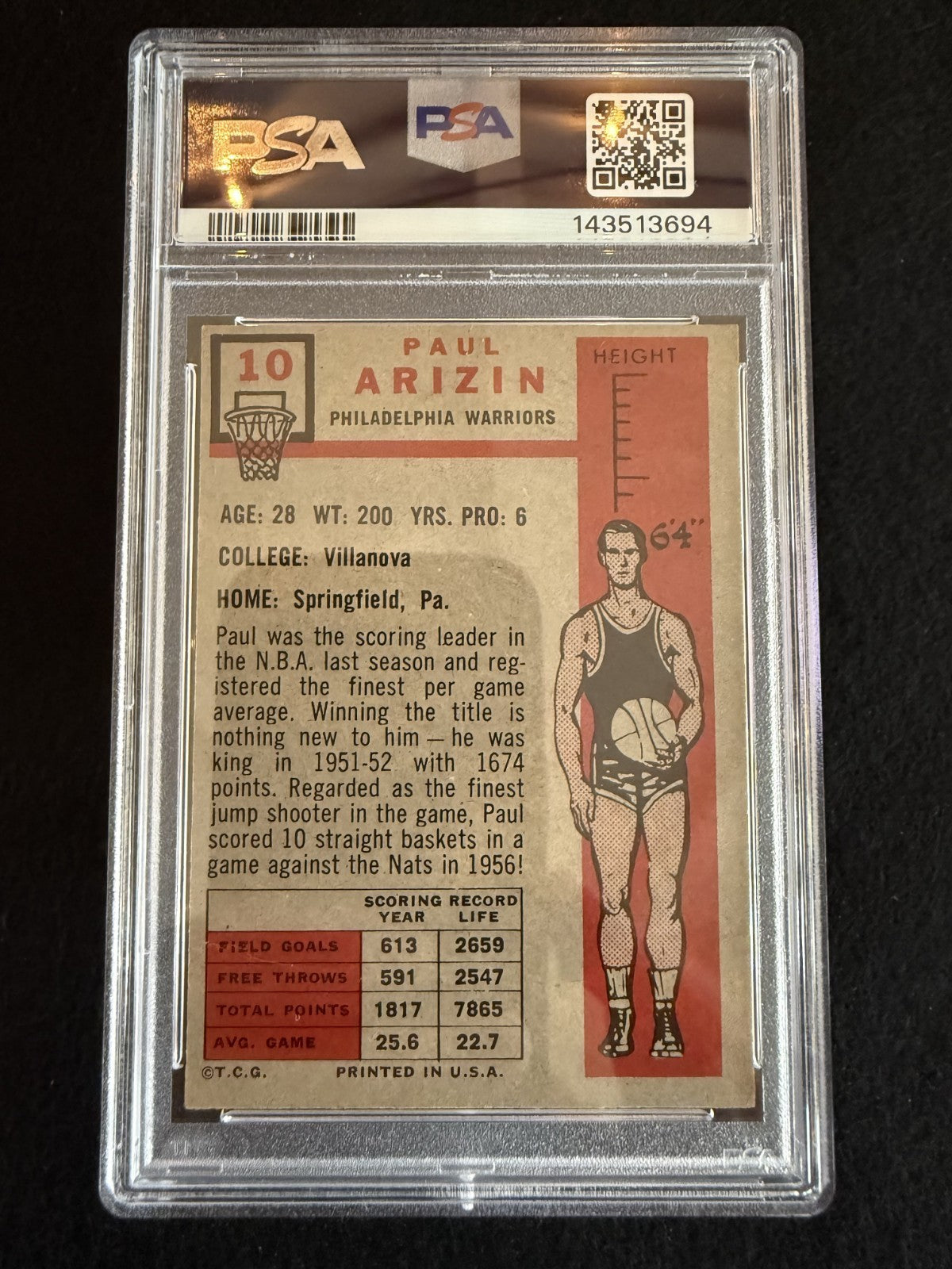 1957-58 Topps Paul Arizin (#10) PSA 3 Fresh Slab! Rookie Card ^GRUMPYBUCK^